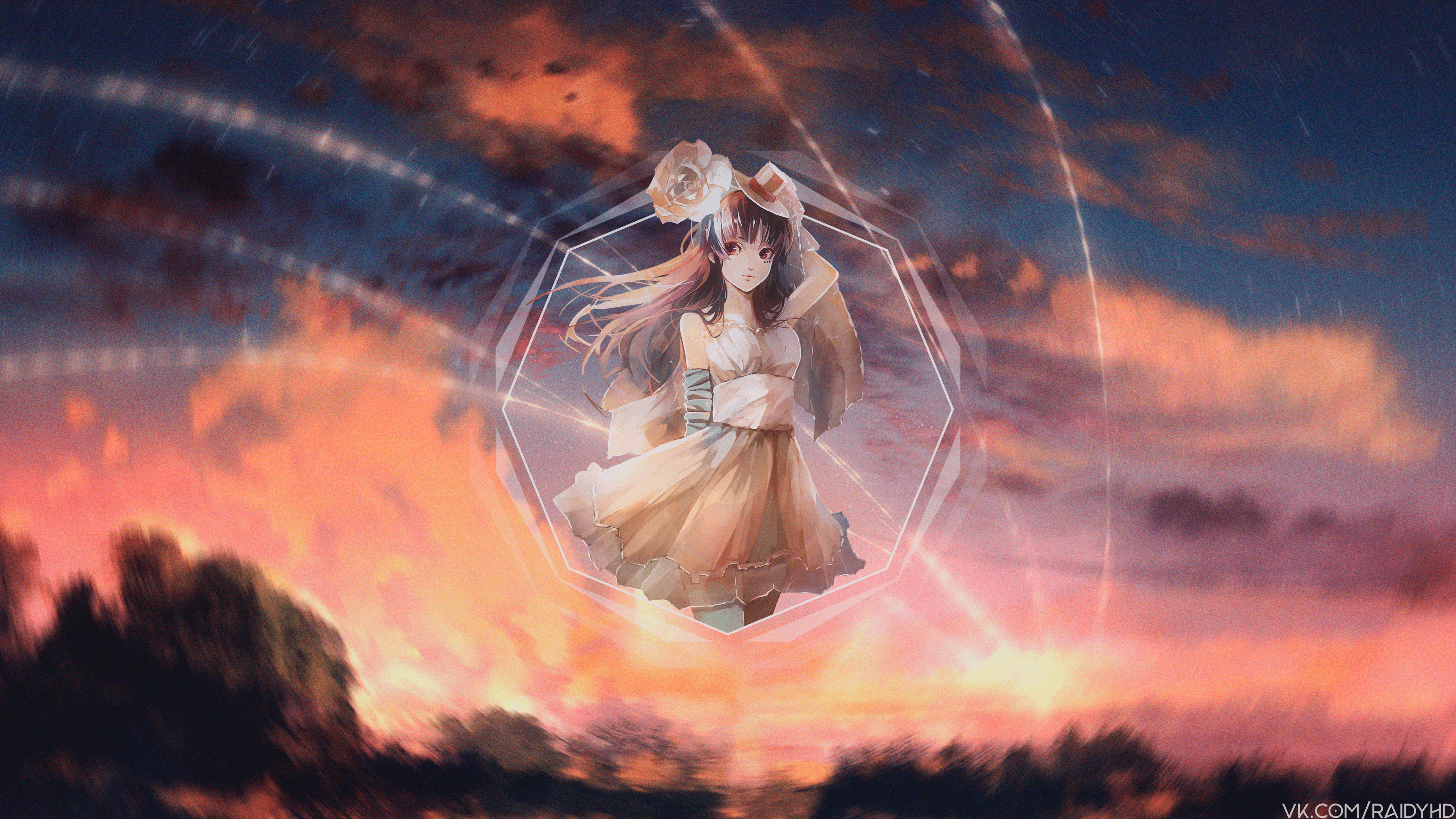 Anime girl with hat in front of sunset sky HD Wallpaper