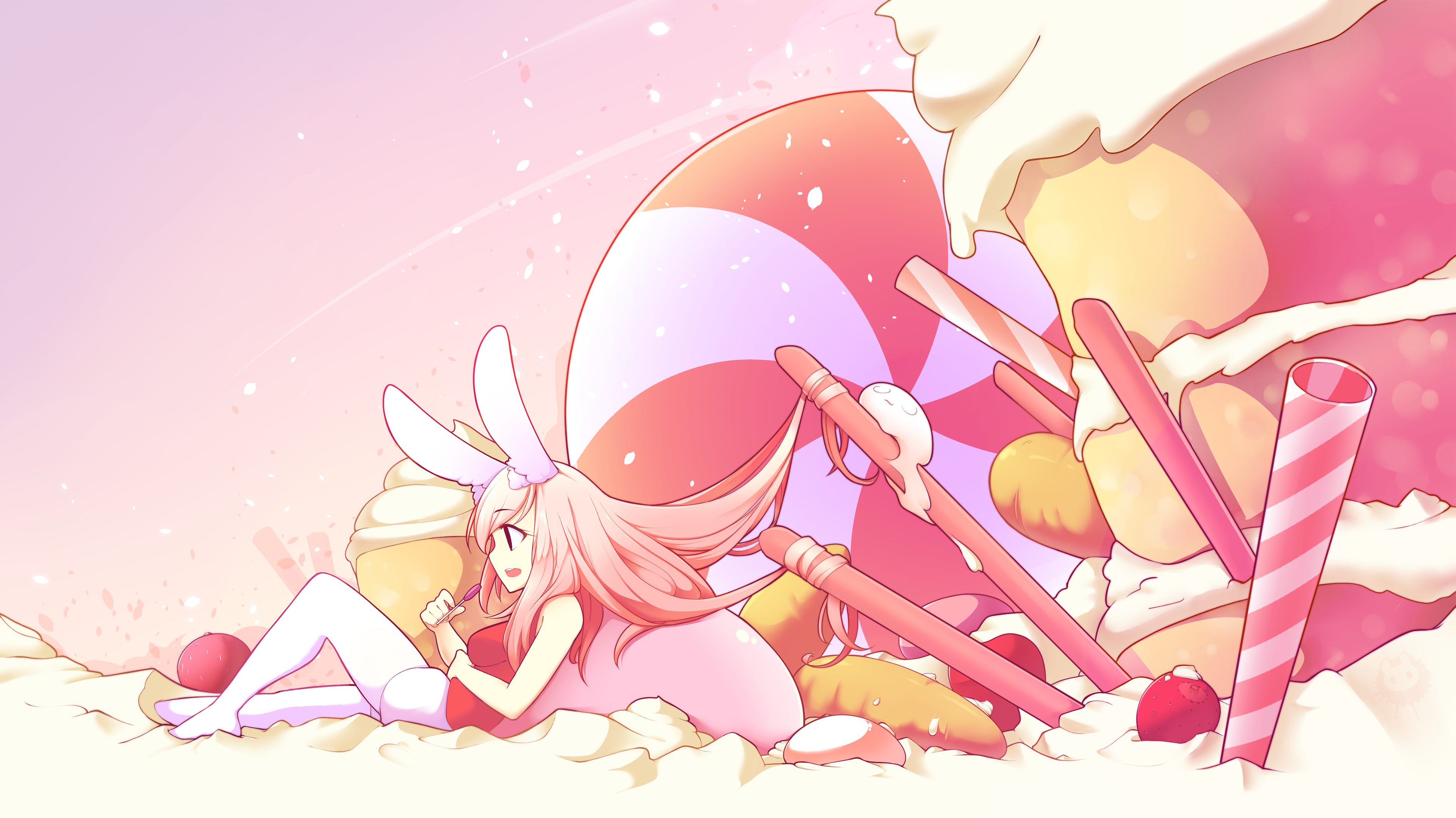 Anime girl with bunny ears in candy land HD Wallpaper