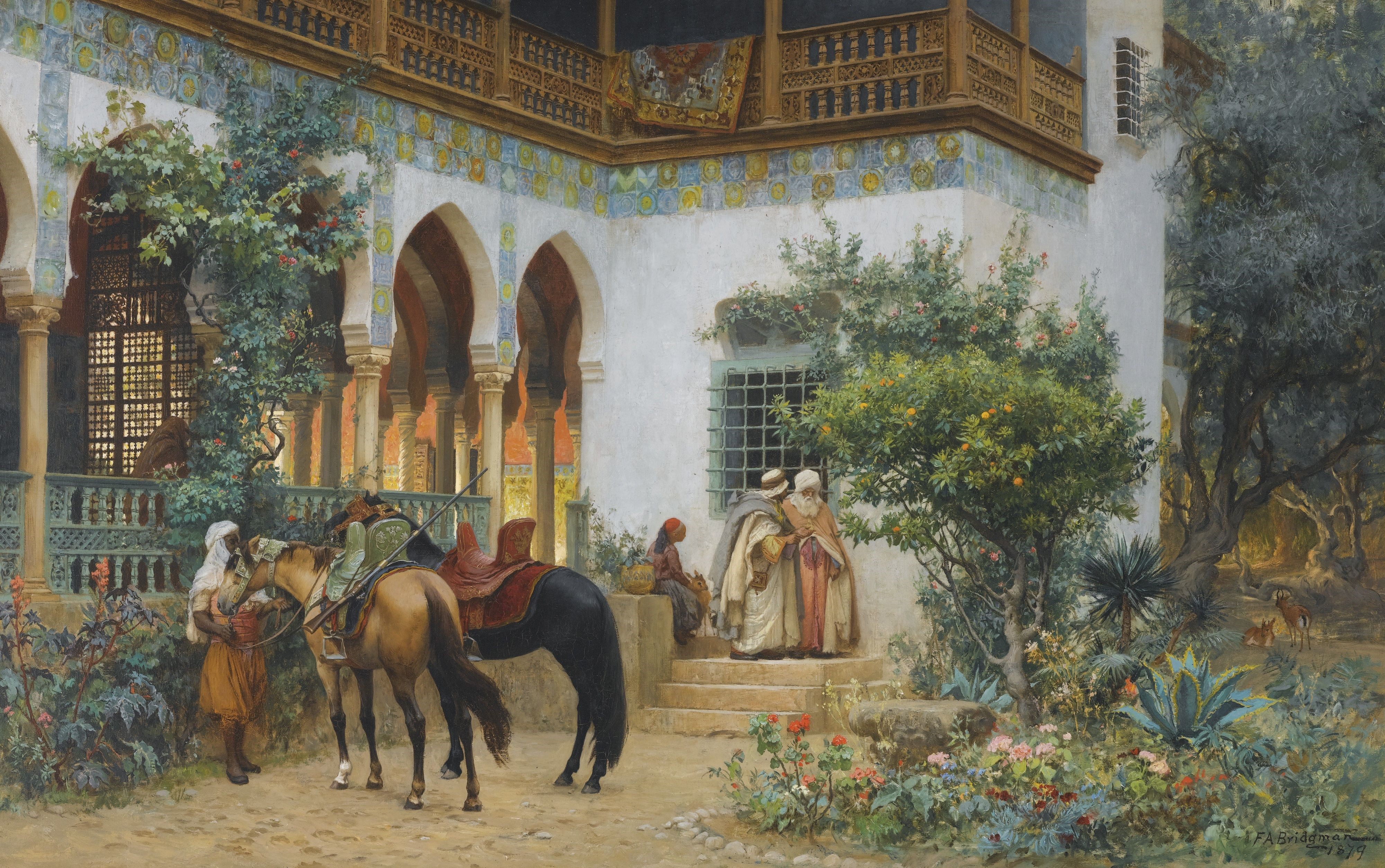 4K Painting of Horses and People in Courtyard HD Wallpaper