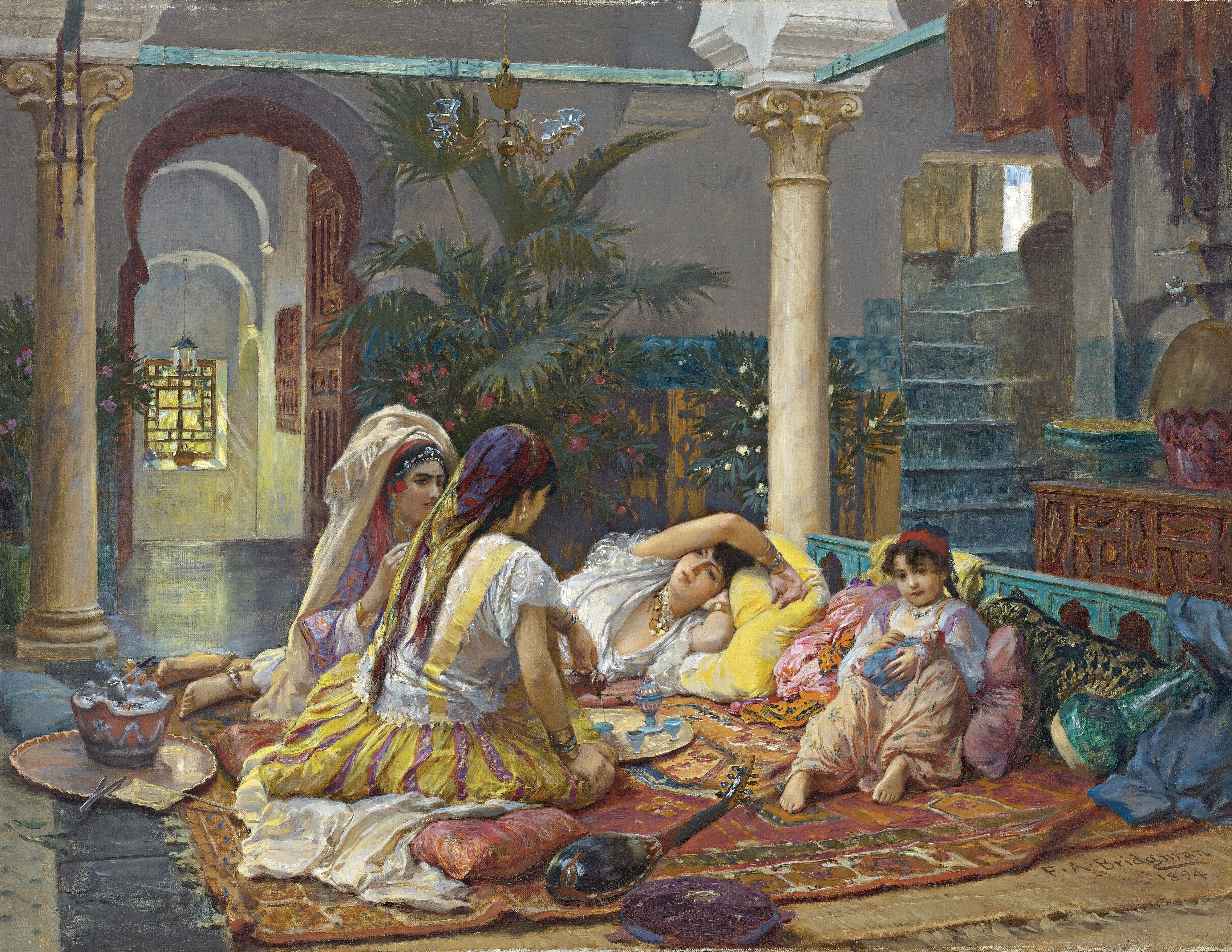 Frederick Arthur Bridgman painting of women in a courtyard HD Wallpaper