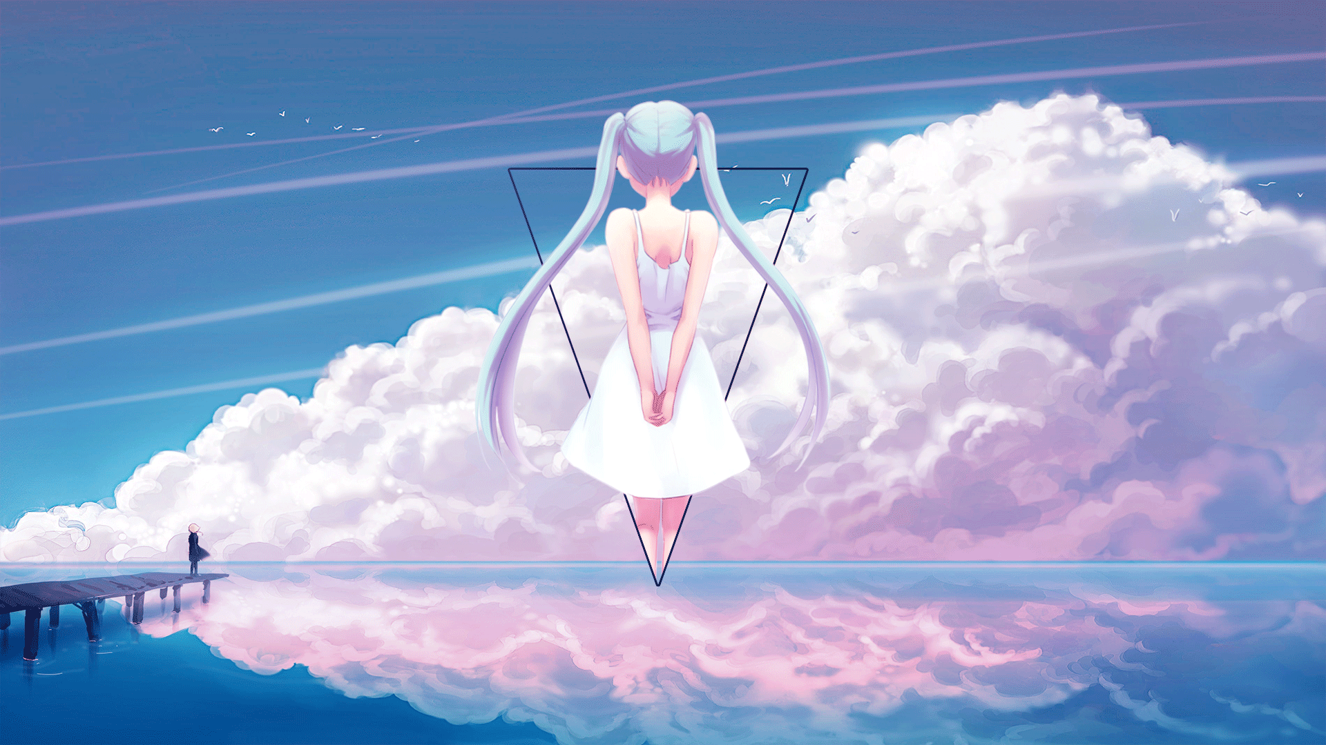 Hatsune Miku in a white dress with clouds and ocean reflection HD Wallpaper