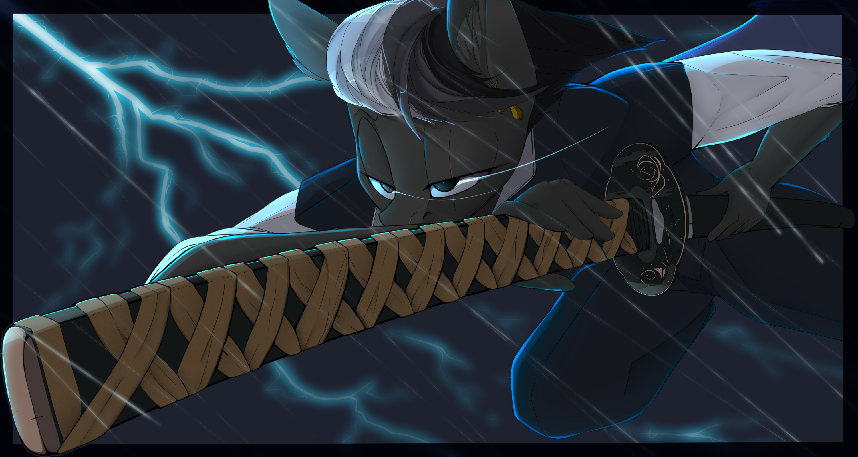 Anthro character with katana in the rain HD Wallpaper