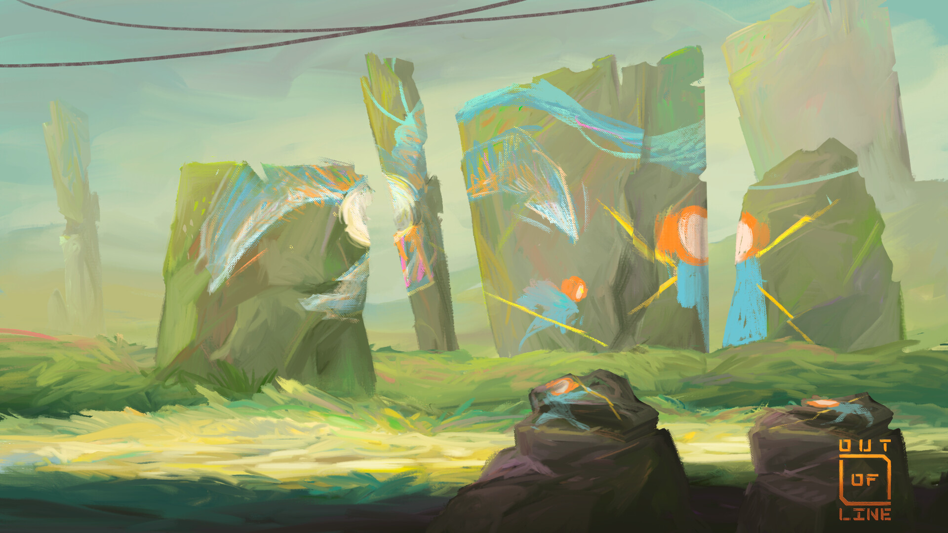 Out Of Line abstract landscape with standing stones HD Wallpaper