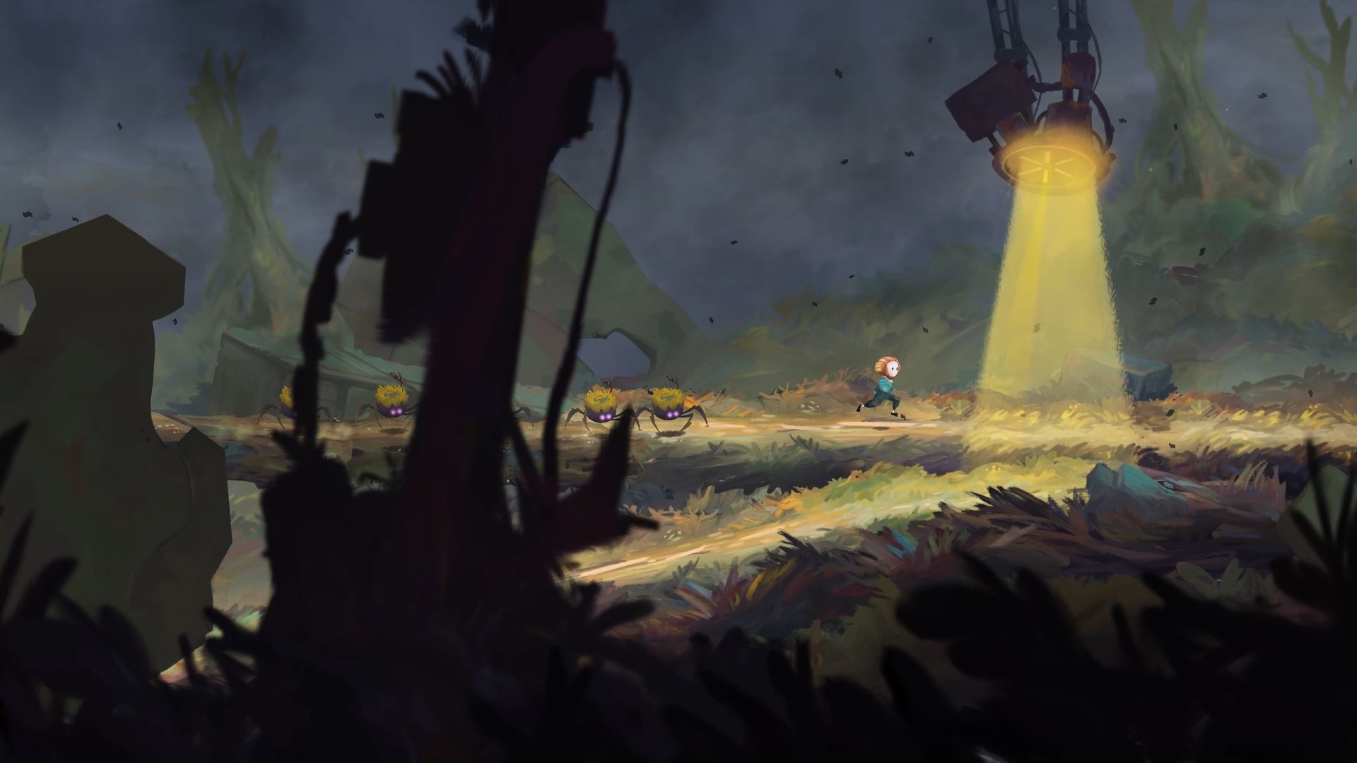 Out Of Line: A young character runs from spider-like creatures in a dark forest. HD Wallpaper