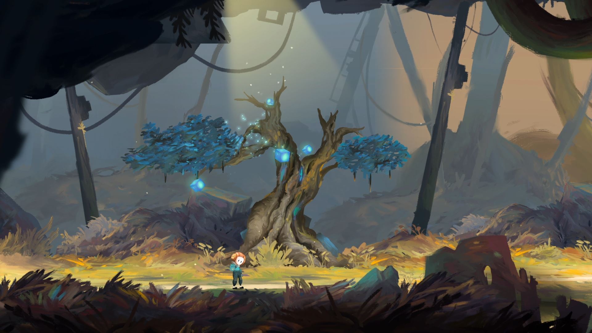 Child standing before a mystical glowing tree in a dark forest HD Wallpaper