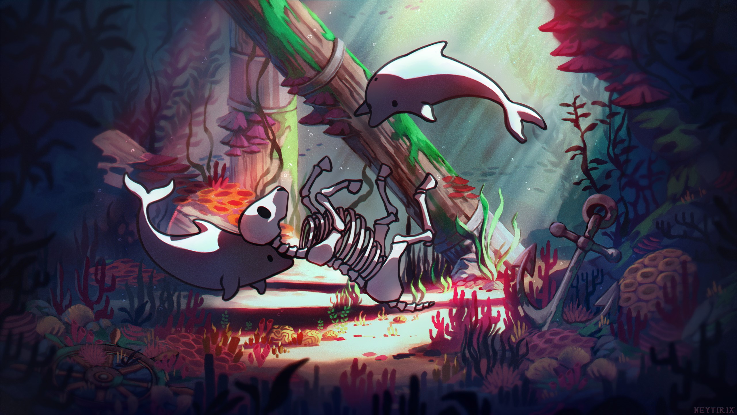 Skeleton horse and dolphins in a coral reef HD Wallpaper