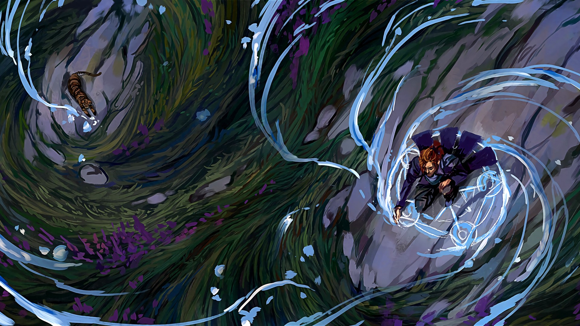 Man casting water spell near tiger in grassy landscape HD Wallpaper