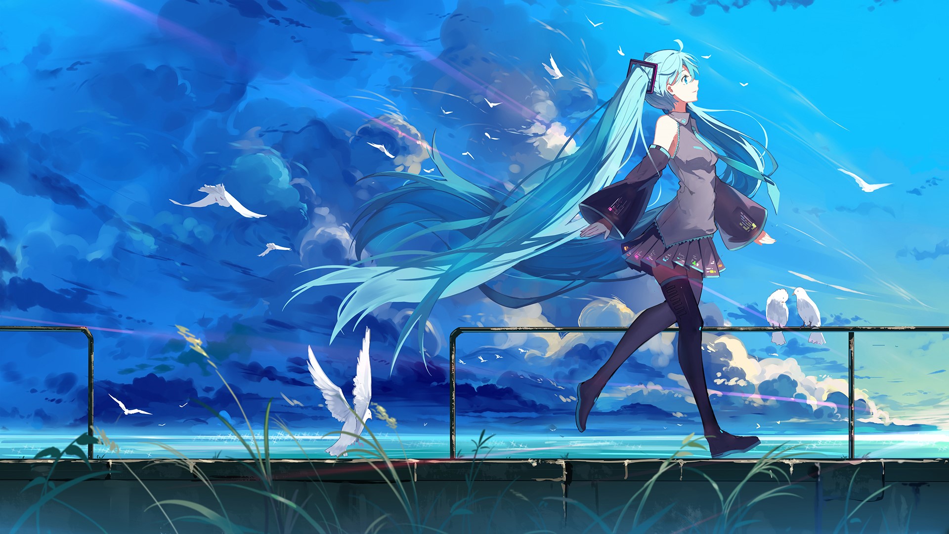 Hatsune Miku walking by the sea with birds HD Wallpaper