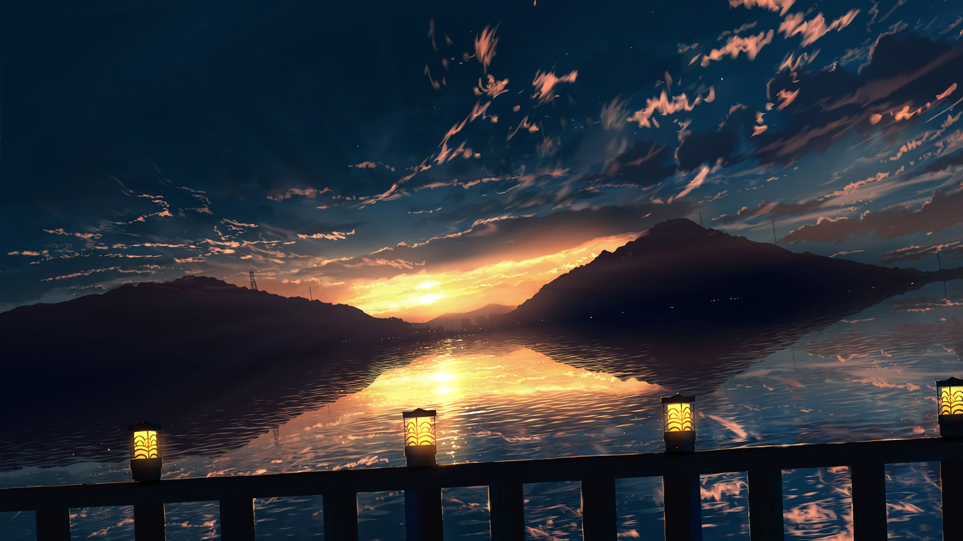 Sunset over water with hills and lanterns HD Wallpaper