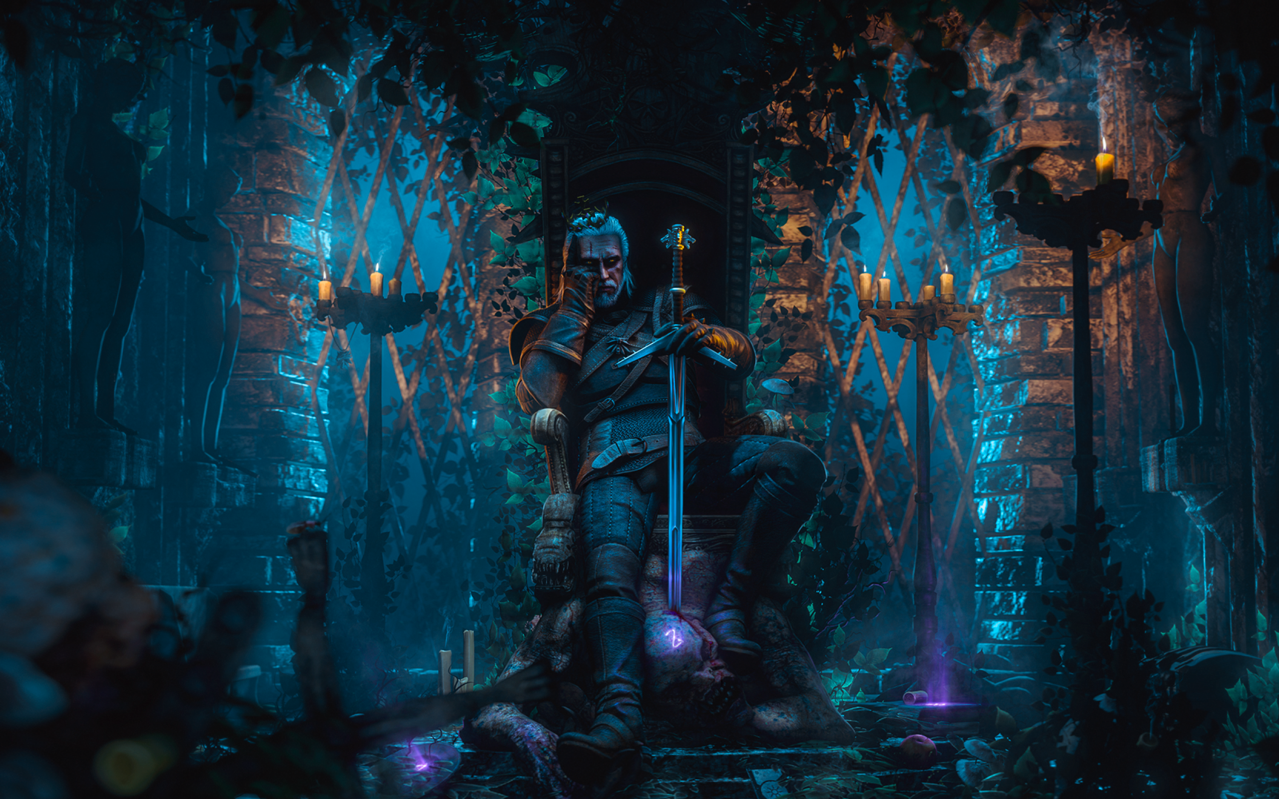 Geralt of Rivia from The Witcher sitting on a throne HD Wallpaper
