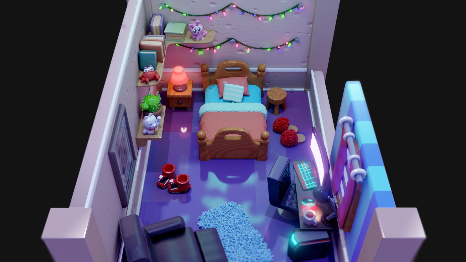 Cozy cartoon bedroom with bed, desk, and toys HD Wallpaper