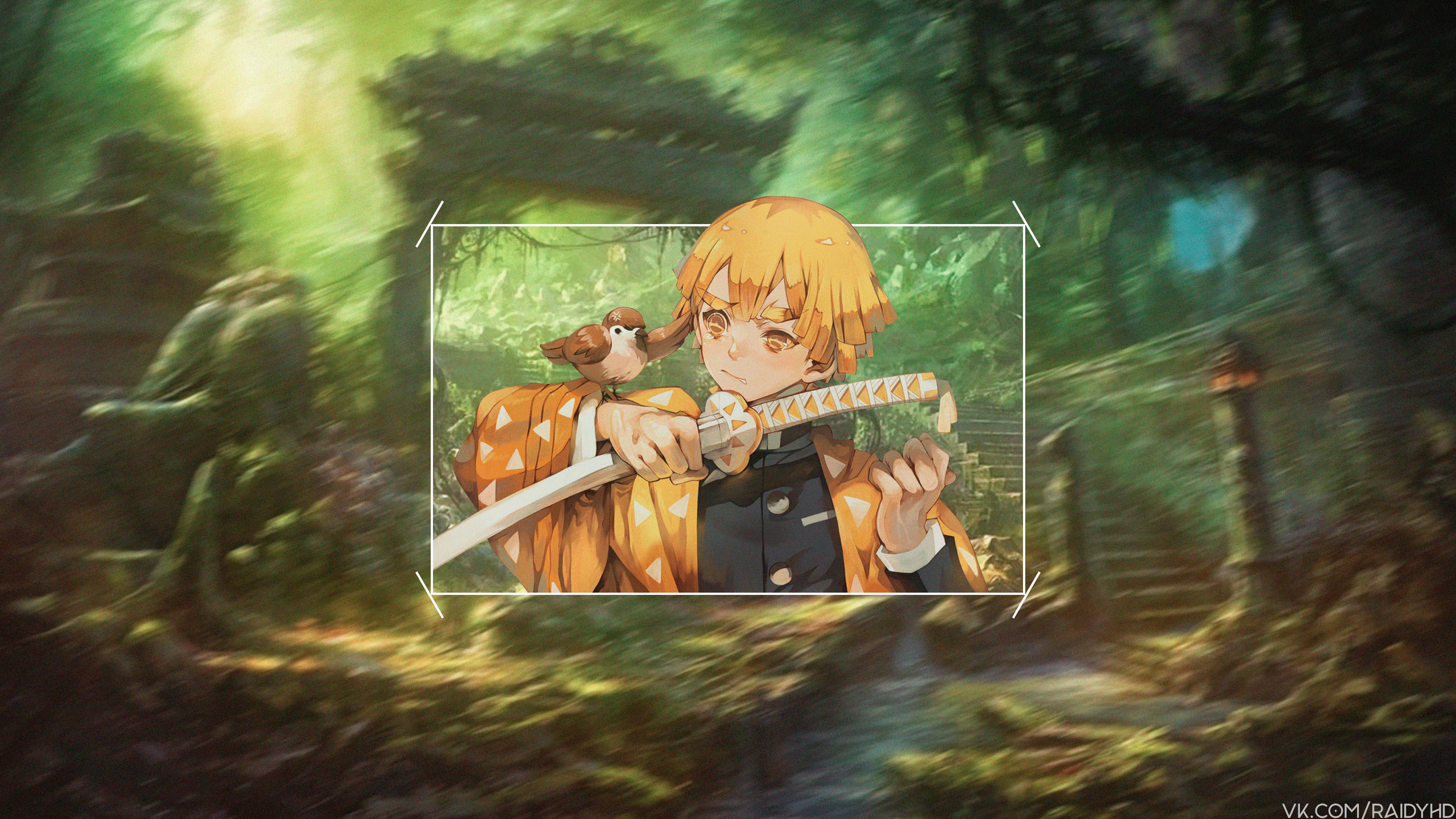 4K Zenitsu Agatsuma from Kimetsu no Yaiba with a bird HD Wallpaper