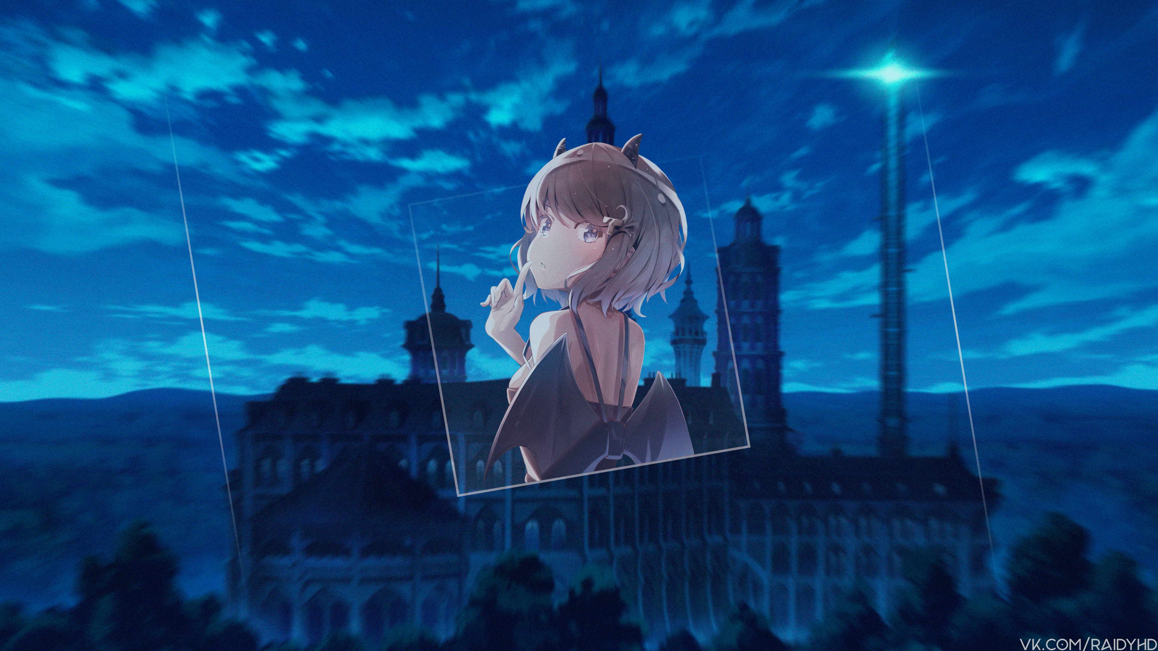 Anime girl with wings in front of castle HD Wallpaper