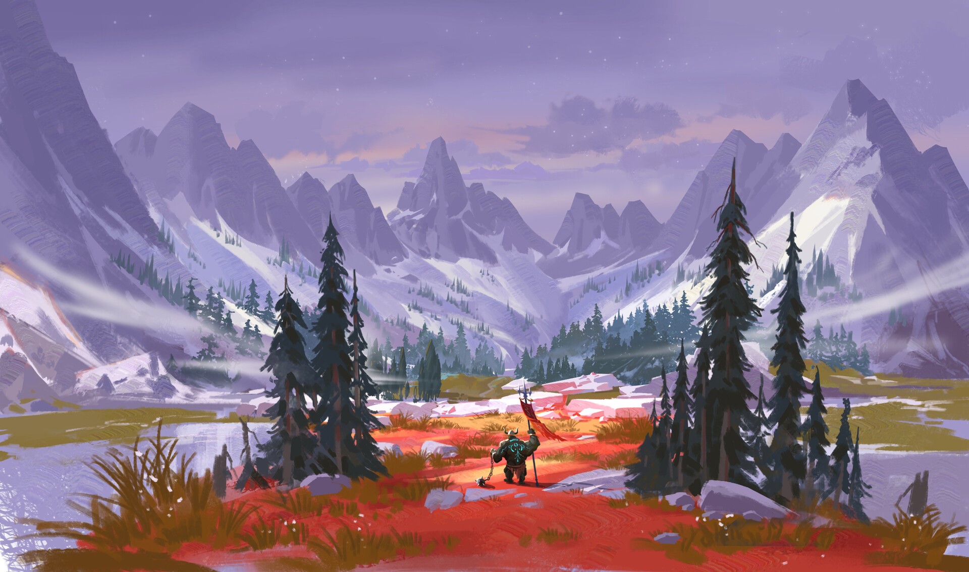 Fantasy art of a warrior in a snowy mountain valley HD Wallpaper