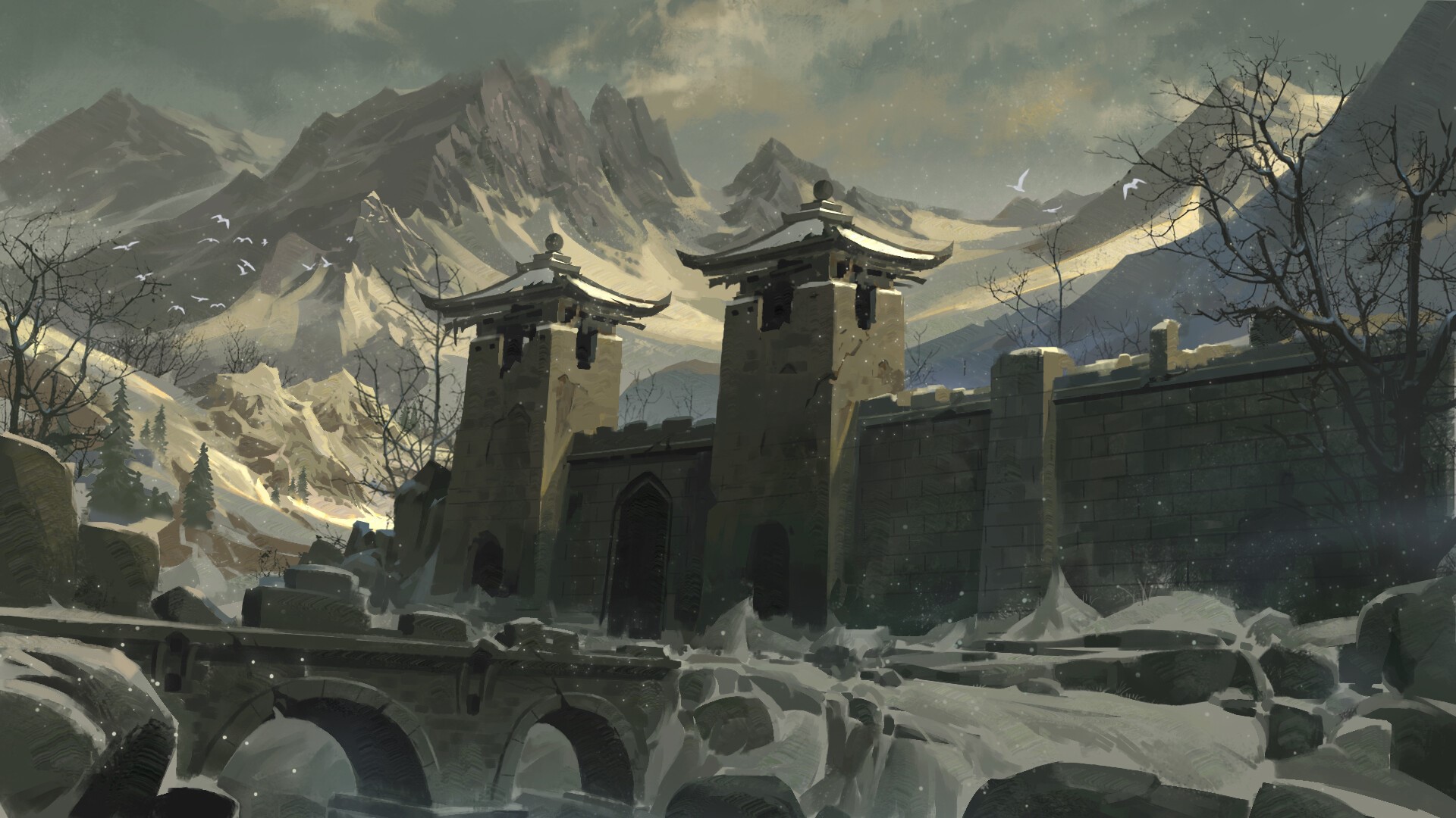 Fantasy art of a snowy mountain pass with a fortress HD Wallpaper