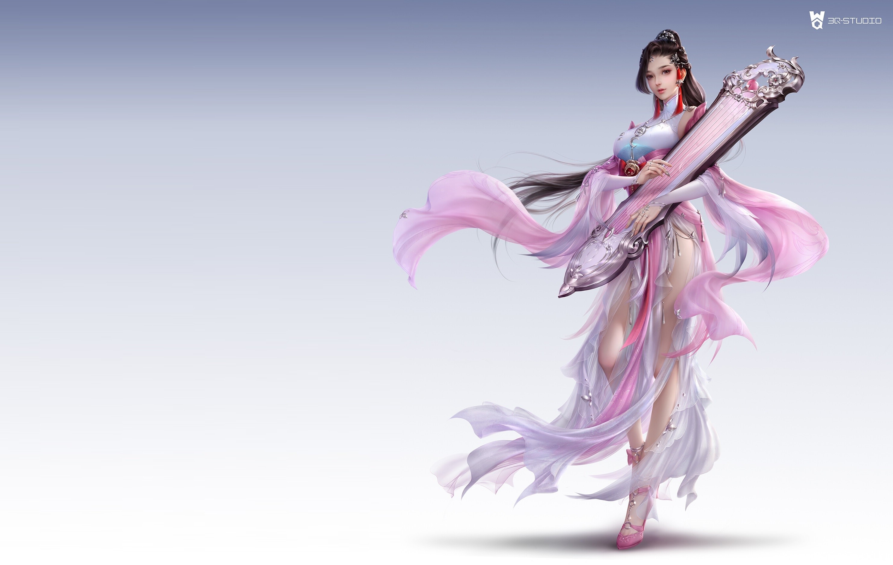 Fantasy Asian girl playing a traditional instrument HD Wallpaper
