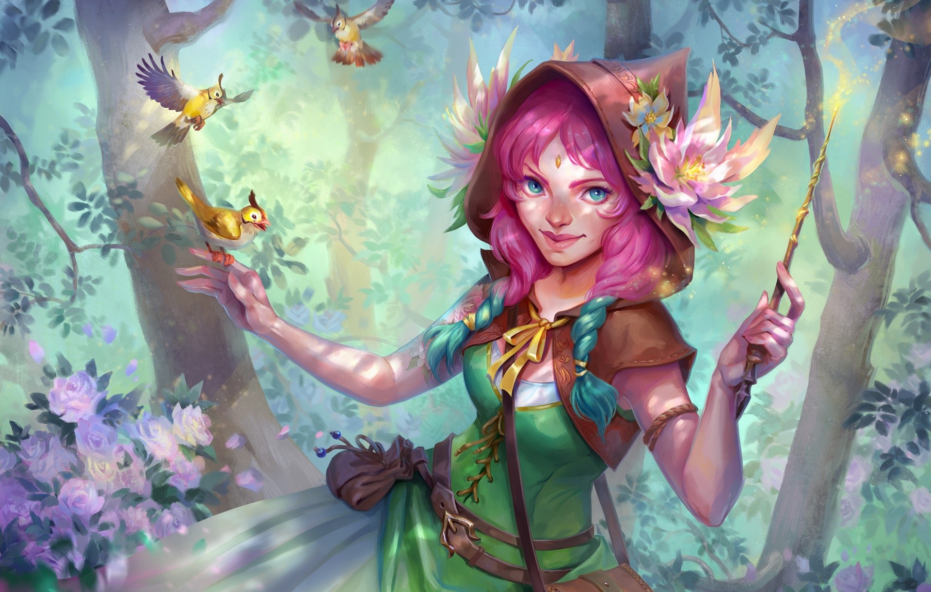 Fantasy girl with pink hair and birds in a forest HD Wallpaper