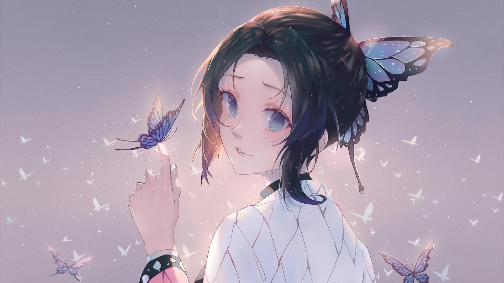 Kochou Shinobu from Kimetsu no Yaiba with butterflies HD Wallpaper