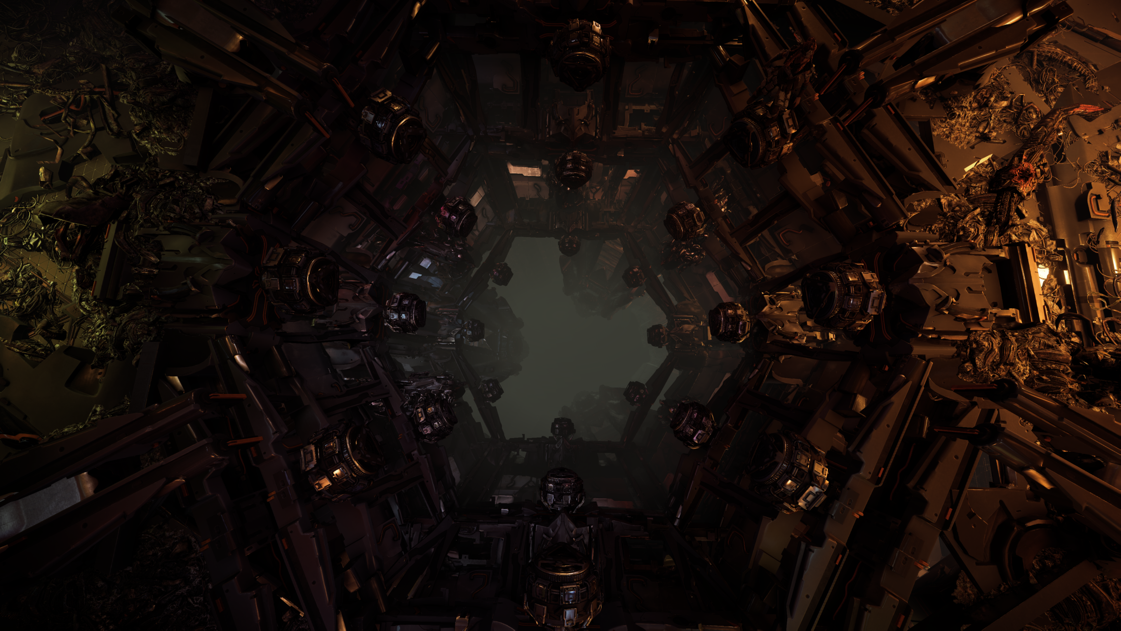 Sci-fi vault with robotic spheres and debris HD Wallpaper