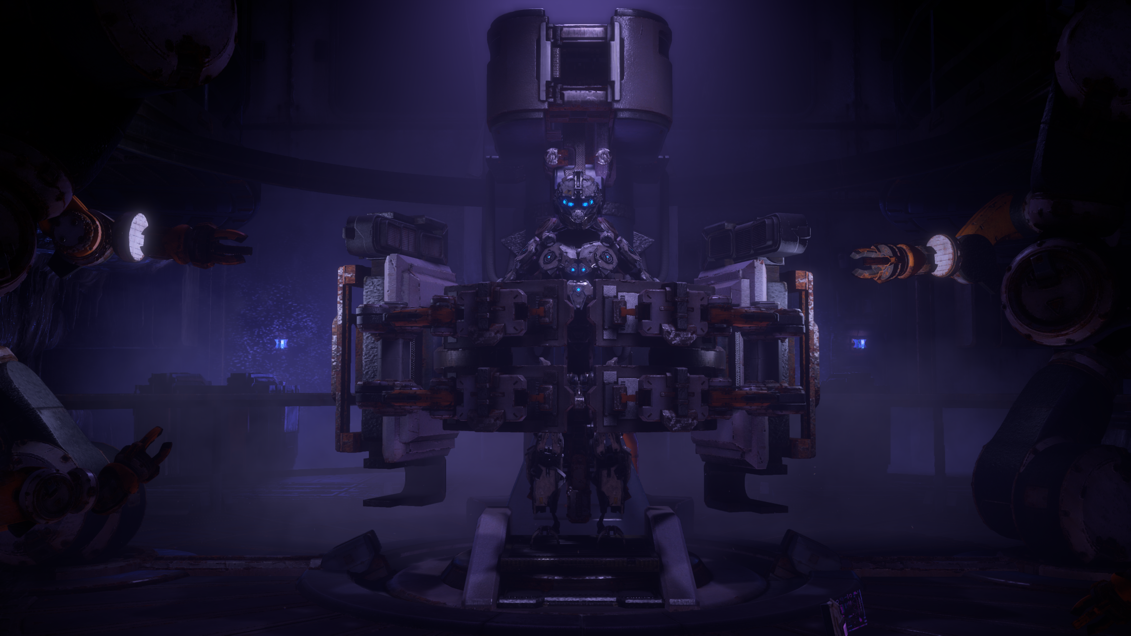 Exoskeleton in a dark, futuristic bunker HD Wallpaper
