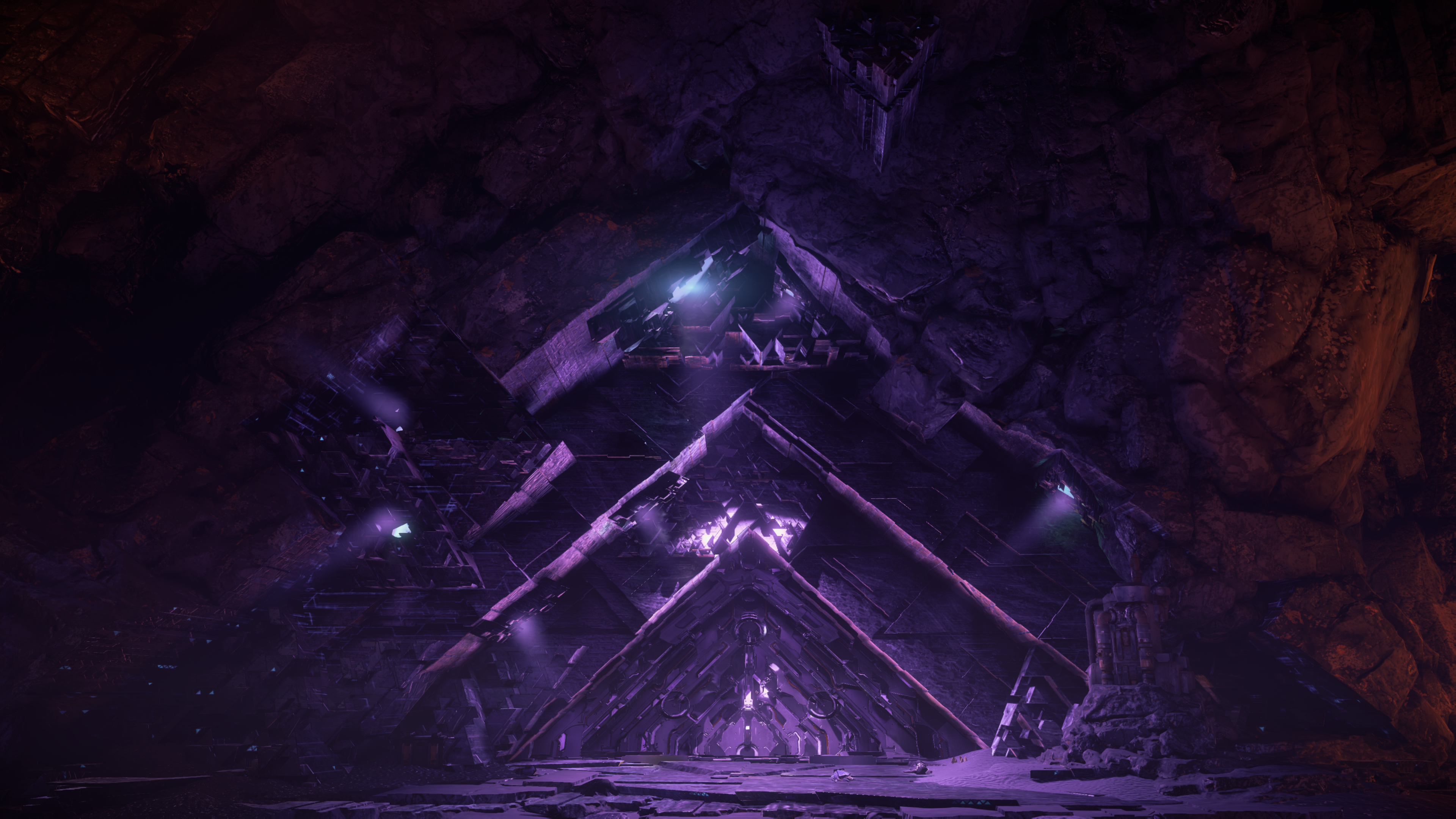 Cave interior with geometric structures in Horizon Zero Dawn HD Wallpaper