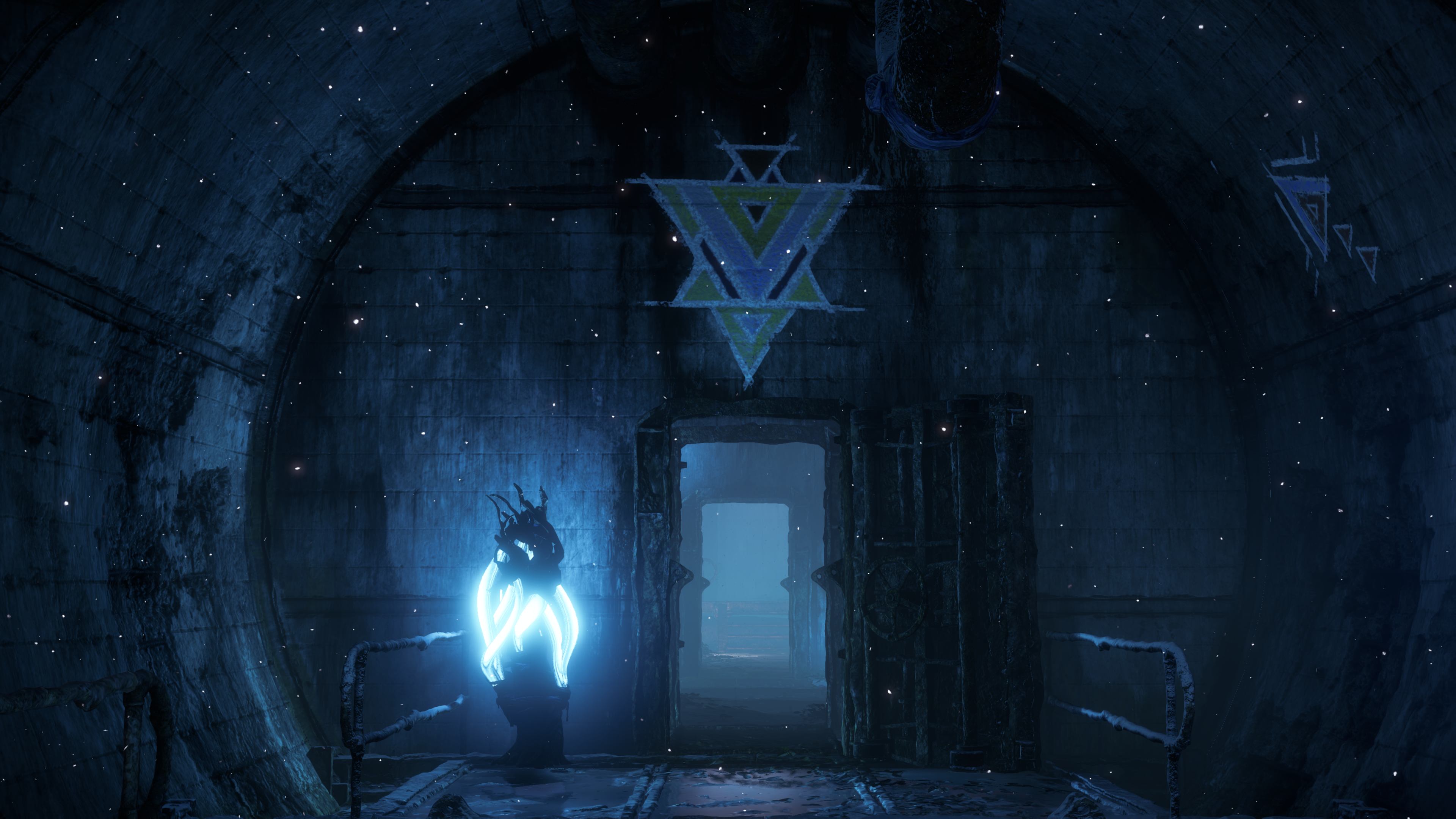 Horizon Zero Dawn bunker with glowing statue and symbols HD Wallpaper
