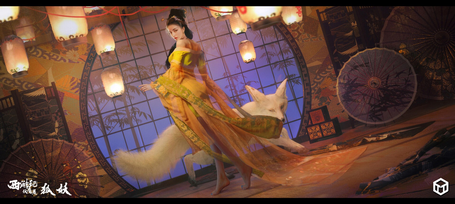 Fantasy girl with fox in traditional Asian room HD Wallpaper