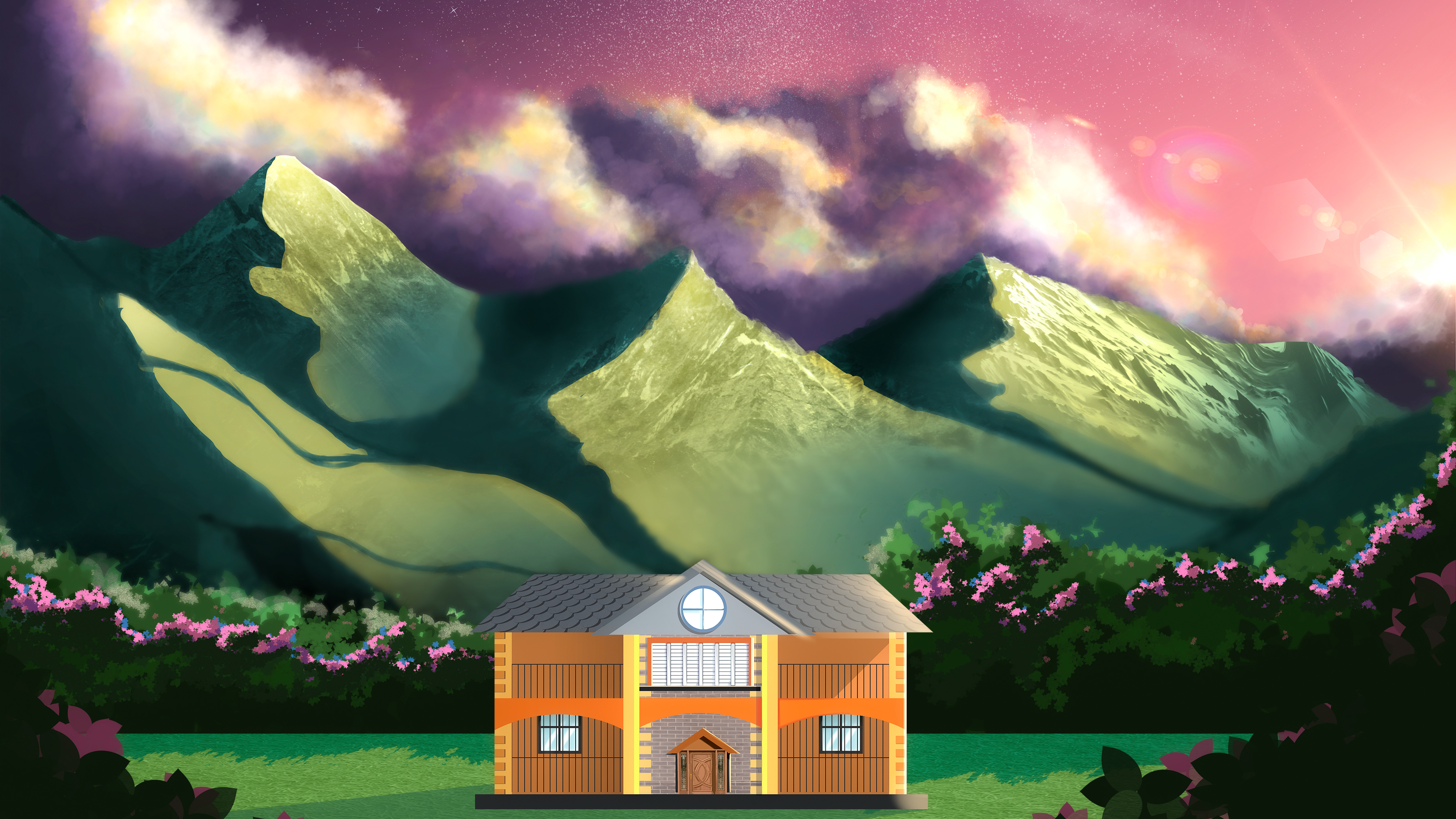 Artwork of a house in front of mountains at sunrise HD Wallpaper