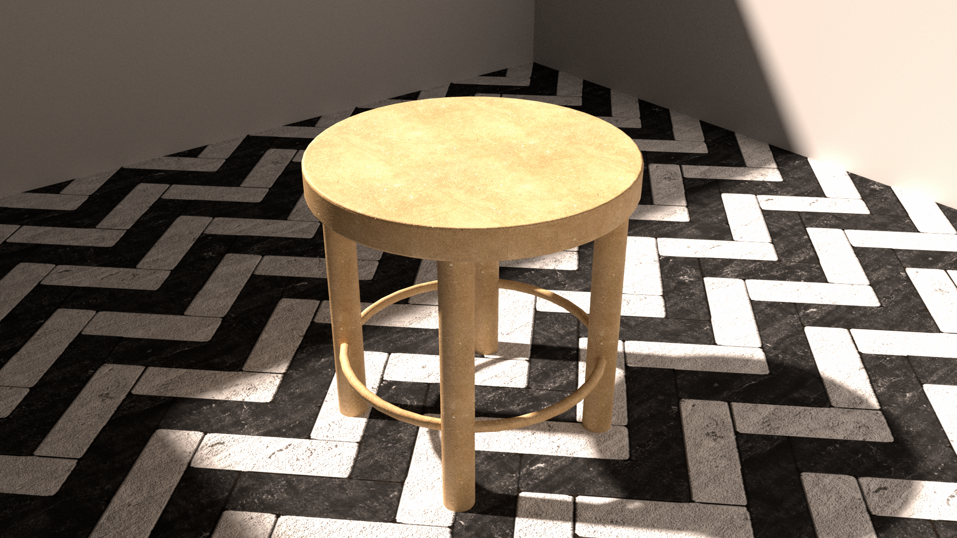 Wooden stool on a black and white herringbone floor HD Wallpaper