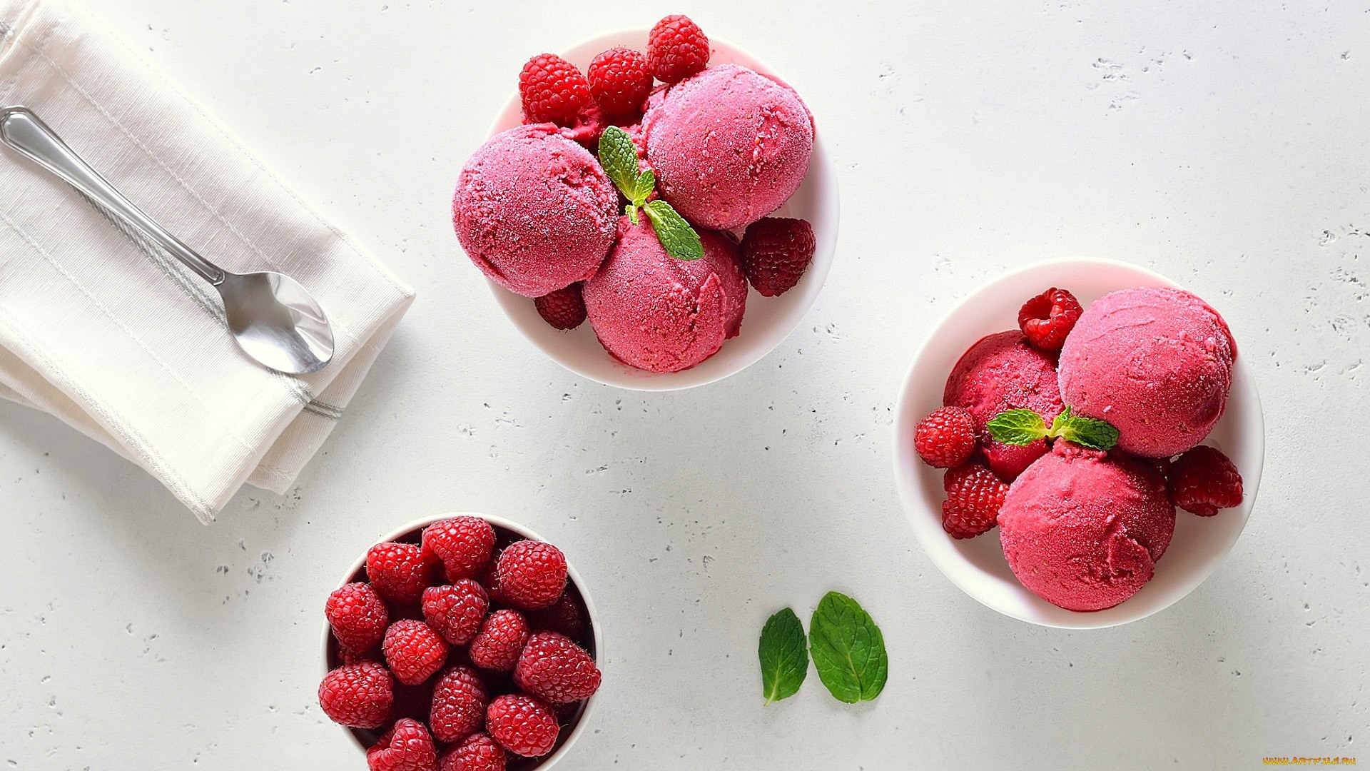 Raspberry ice cream with fresh berries and mint HD Wallpaper
