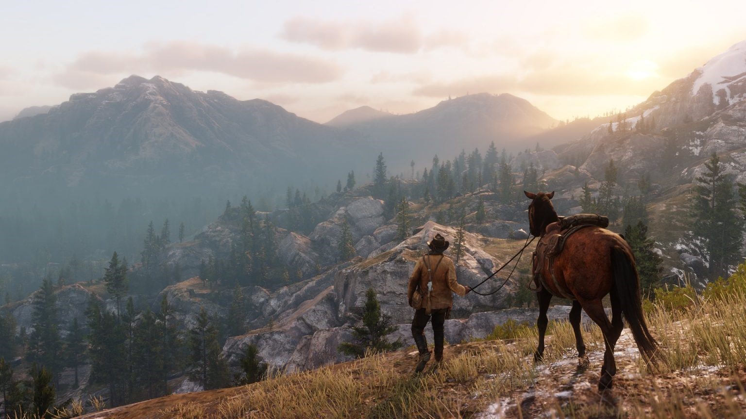 Red Dead Redemption 2 character with horse in mountains HD Wallpaper