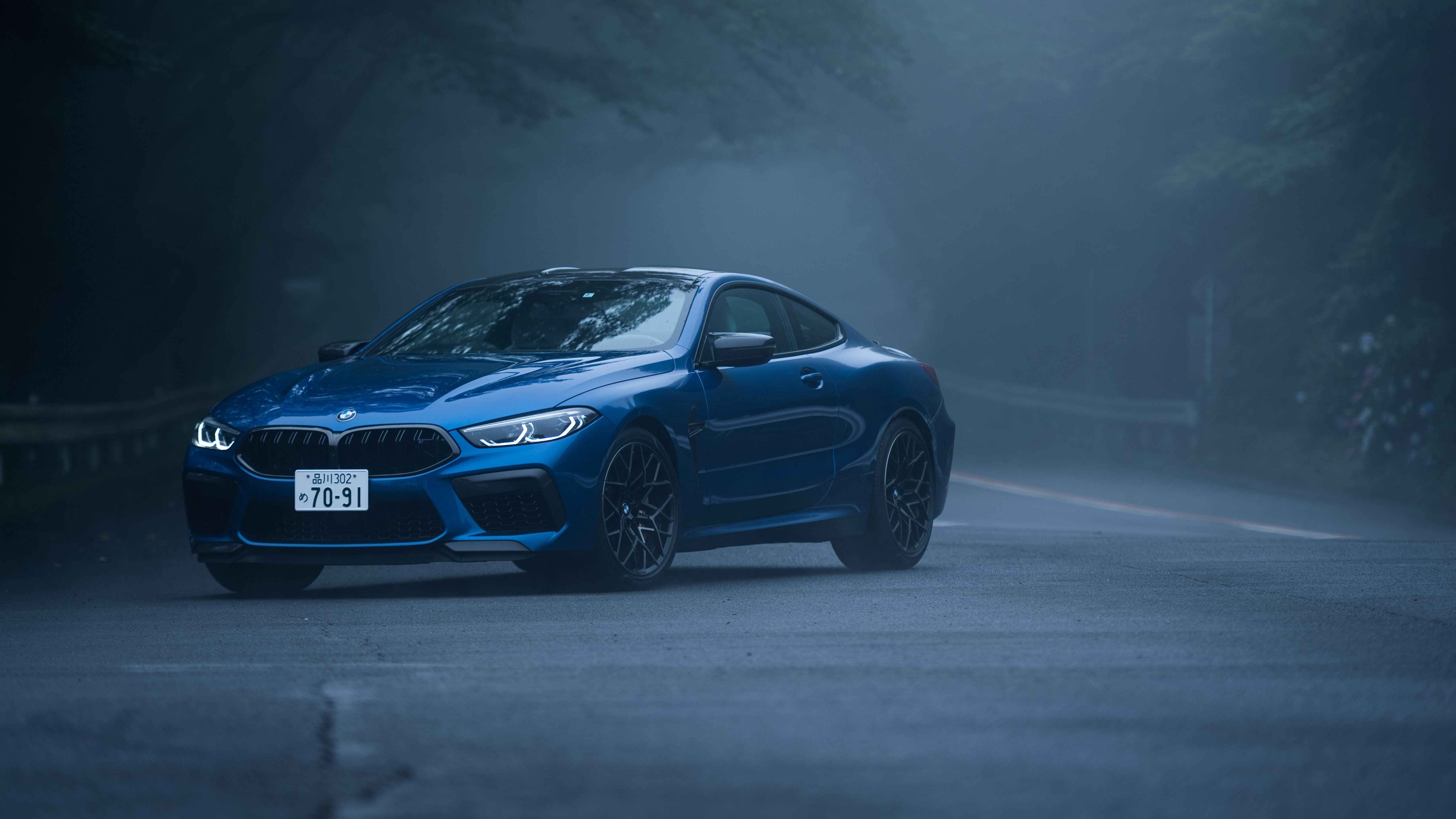 4K Blue BMW M8 Coupe on a Misty Forest Road HD Wallpaper