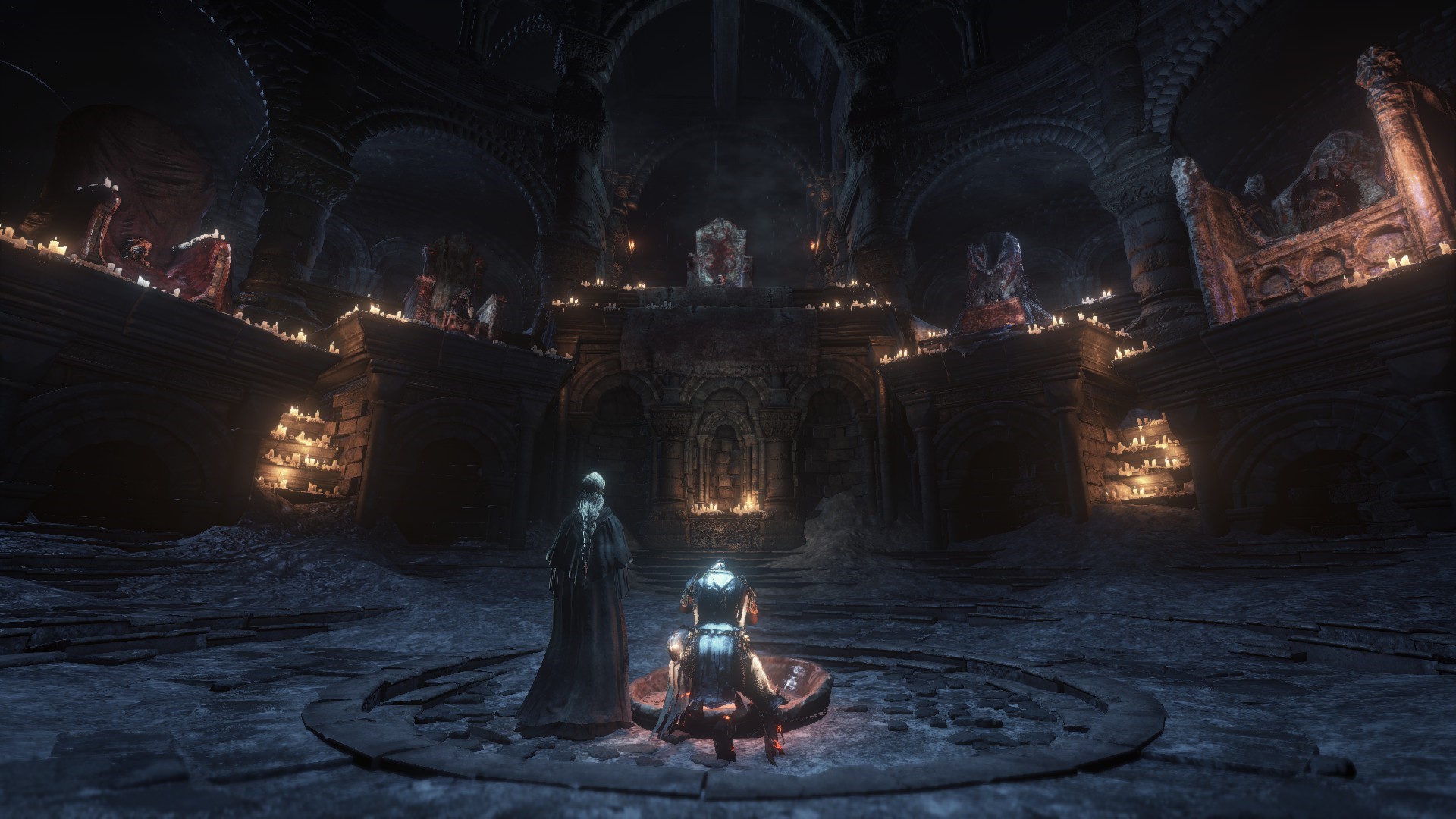 Dark Souls III screenshot of two characters in a dark hall HD Wallpaper