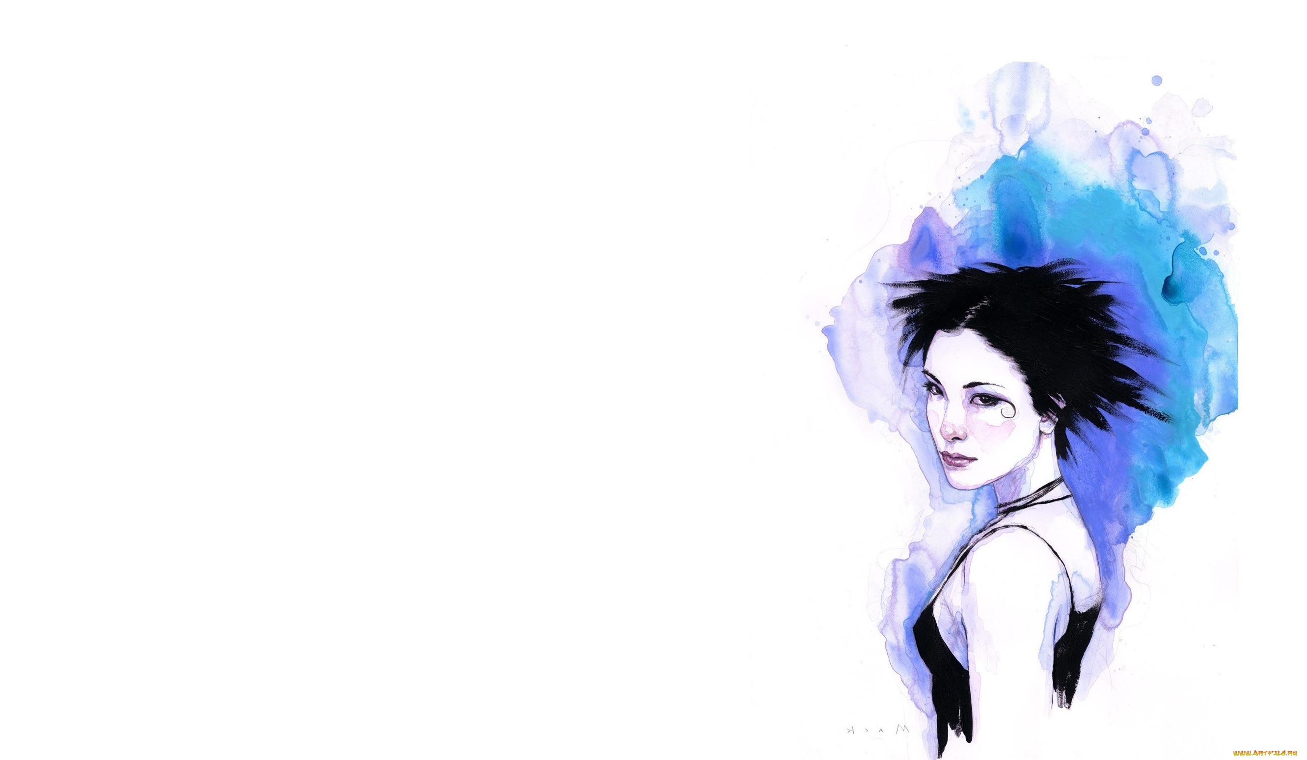 Artwork of a woman with dark hair and blue watercolor splashes HD Wallpaper