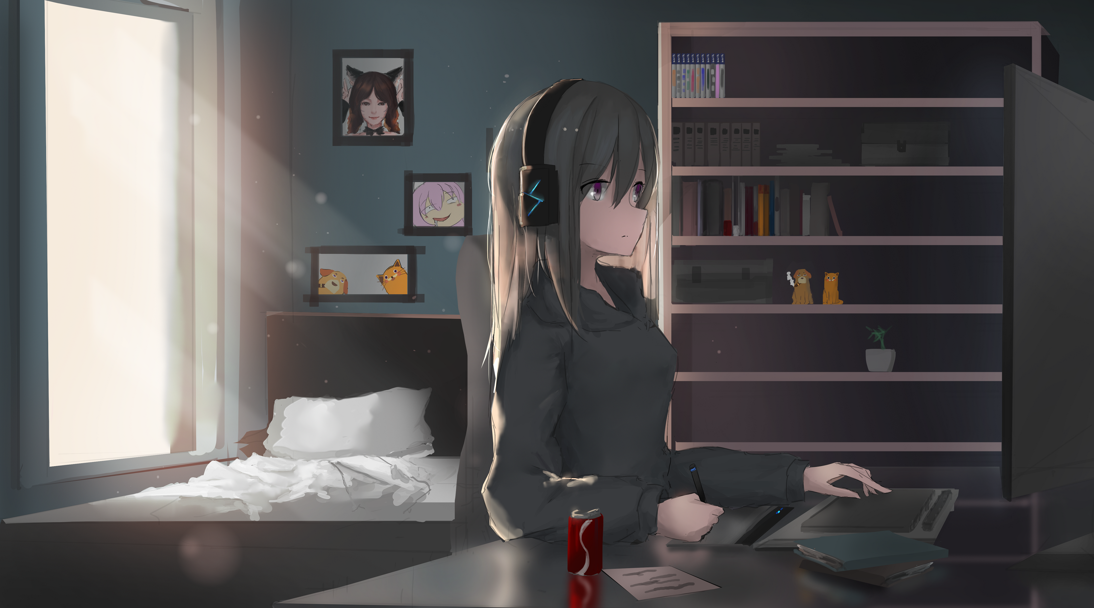 Anime girl with headphones at desk with bookshelf HD Wallpaper