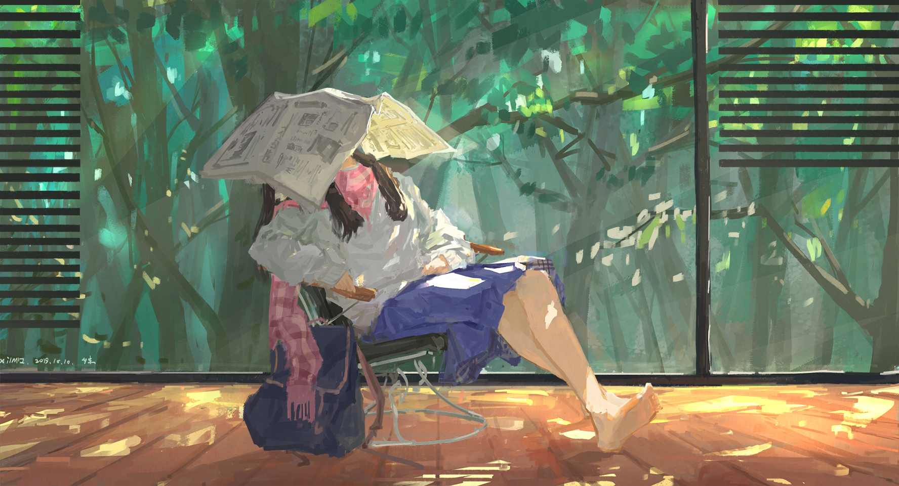 Anime girl sleeping with newspaper in a chair HD Wallpaper