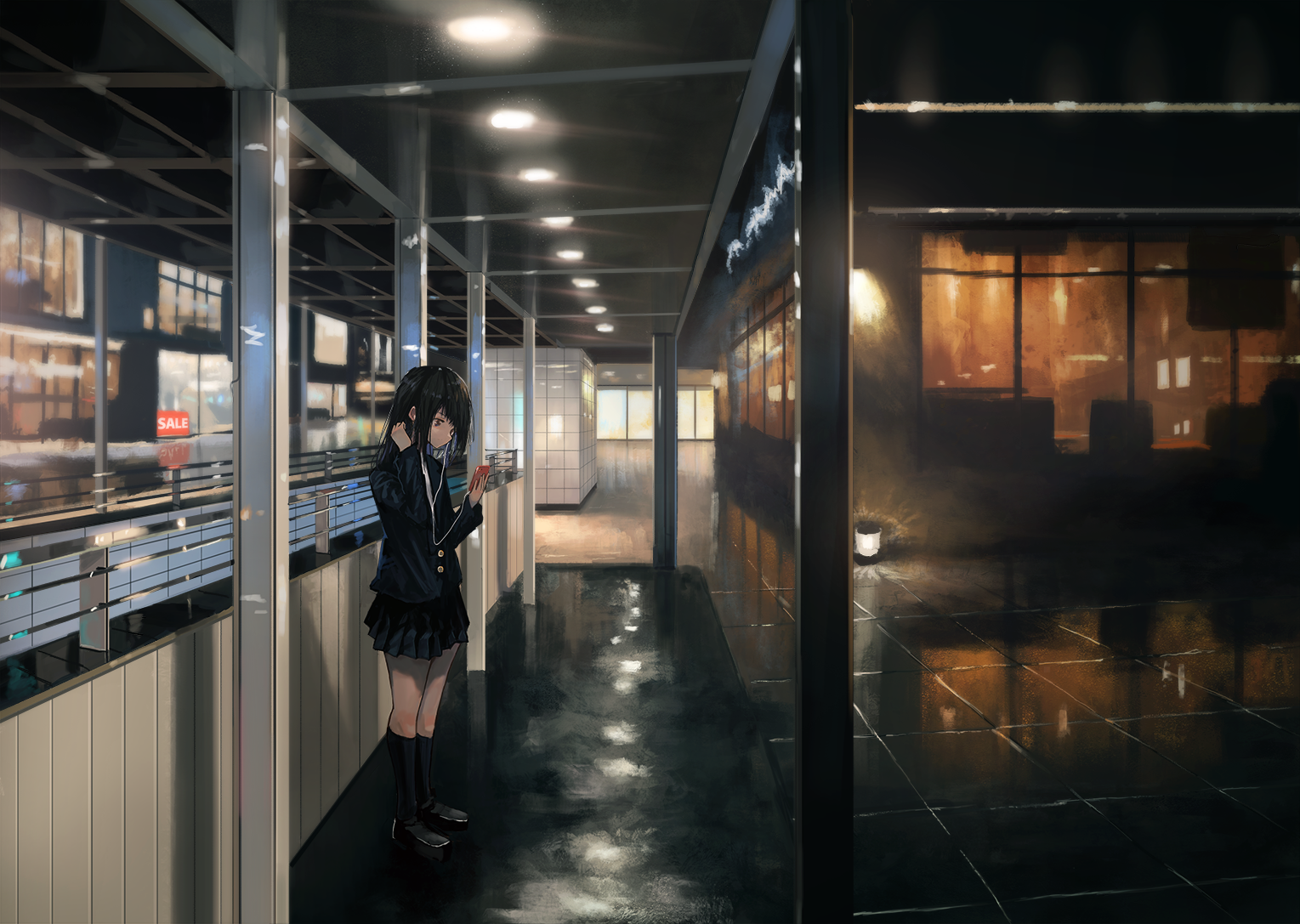 Anime girl with earphones and smartphone HD Wallpaper