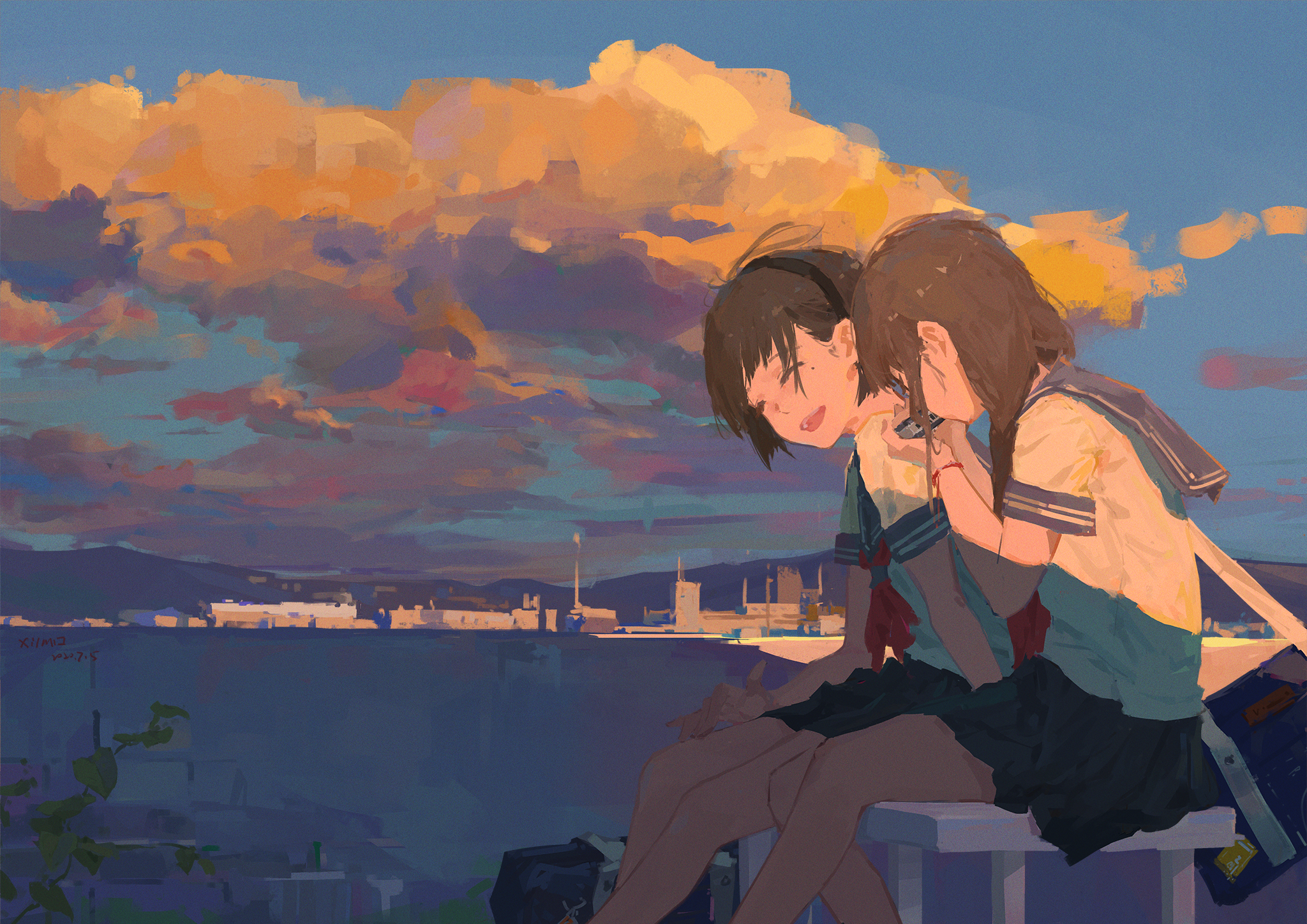 Two anime girls in sailor uniforms sharing food HD Wallpaper