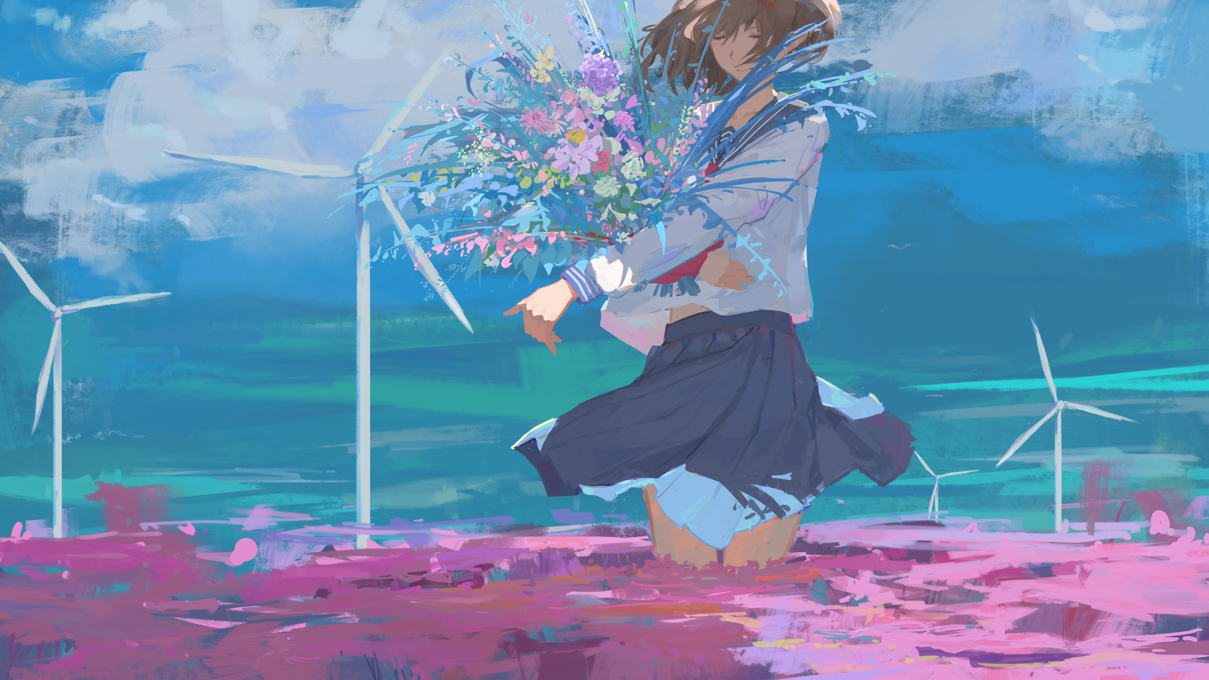 Anime girl with flowers and windmills HD Wallpaper