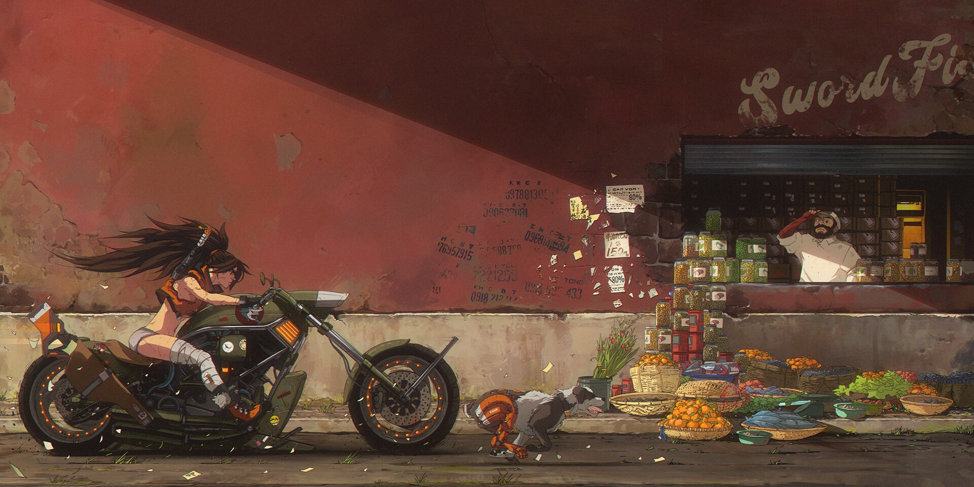 Woman on motorcycle in front of a shop HD Wallpaper