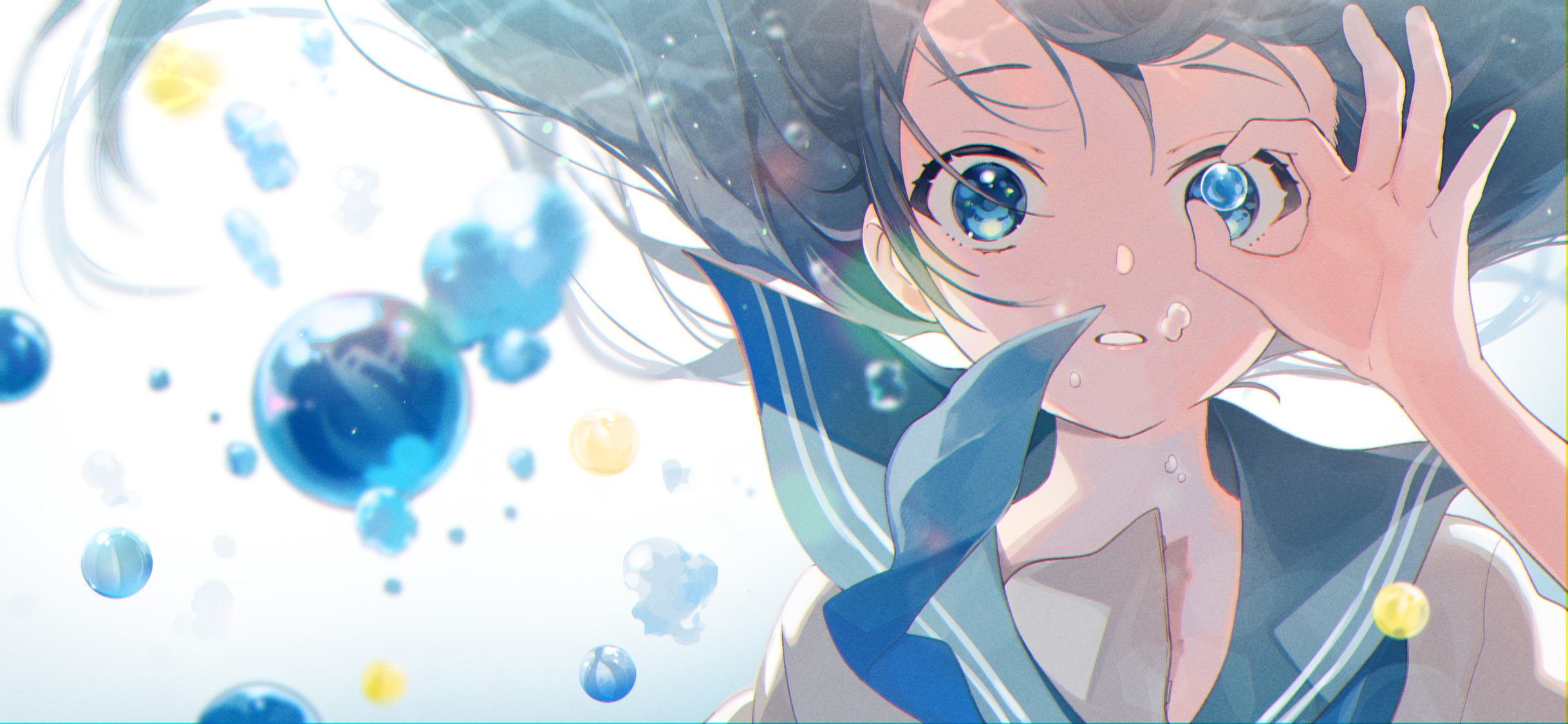 Anime girl with blue eyes in school uniform underwater HD Wallpaper