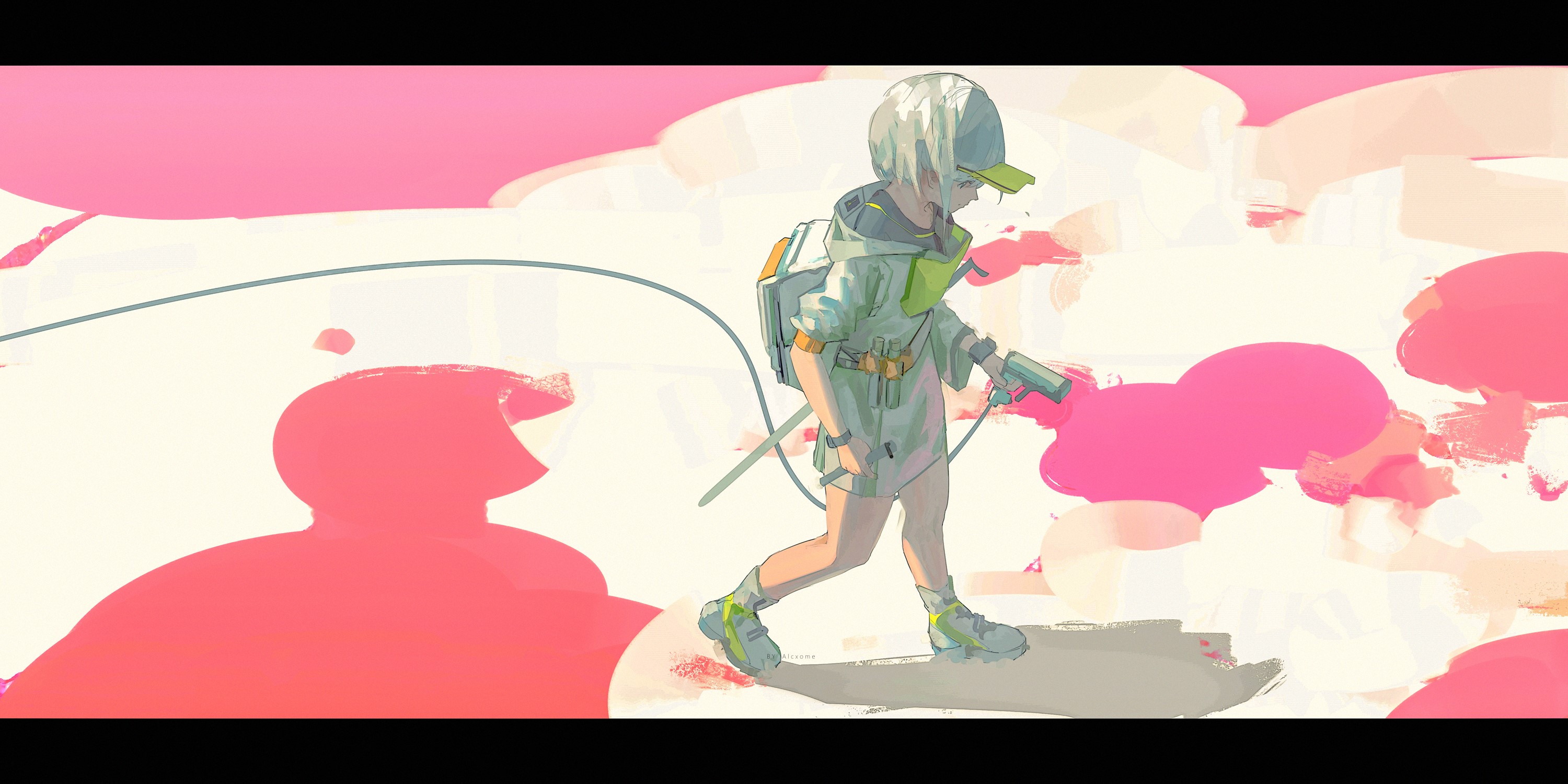 Anime girl with backpack and gun walking HD Wallpaper