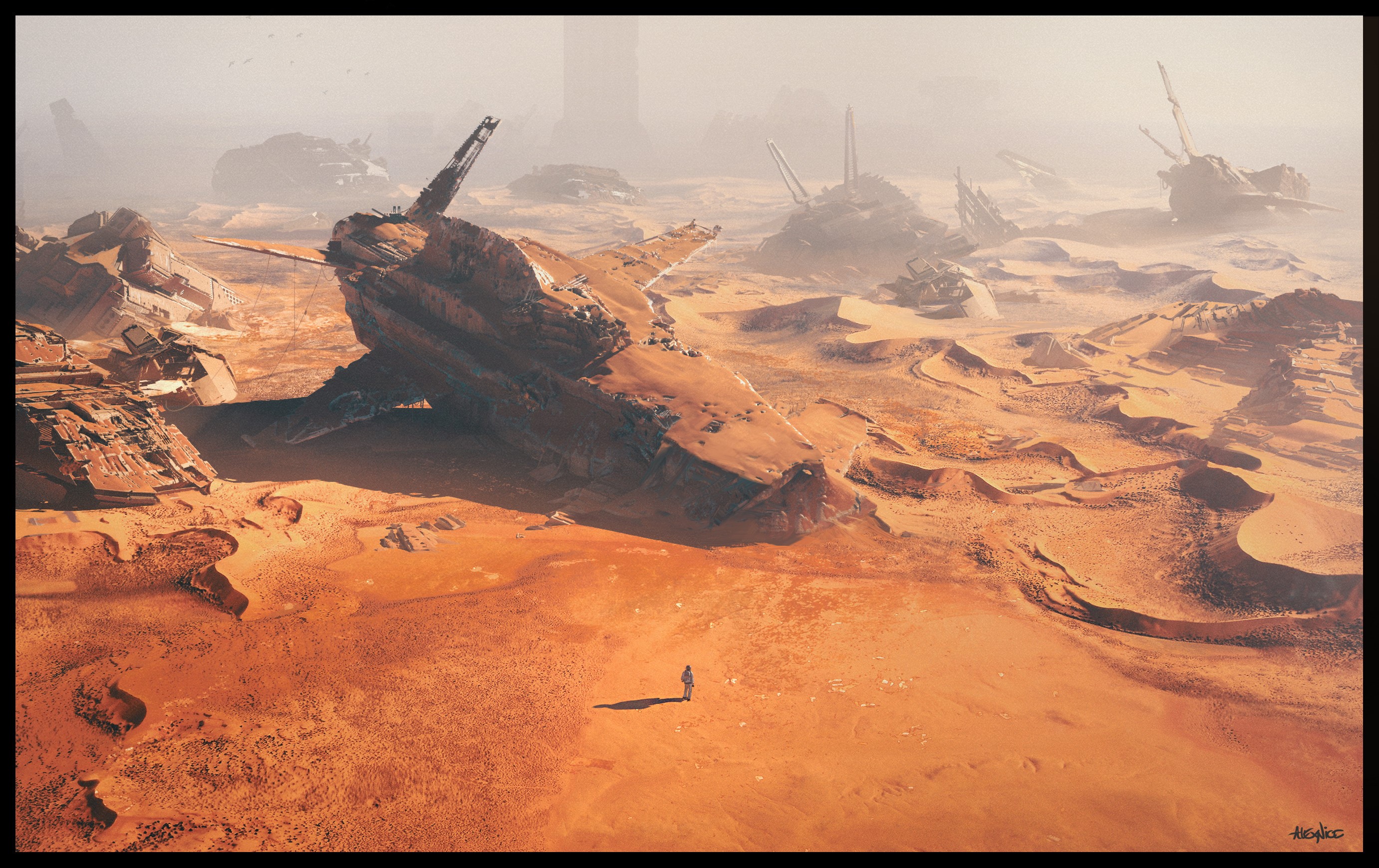 Artwork of a desolate alien landscape with shipwrecks HD Wallpaper