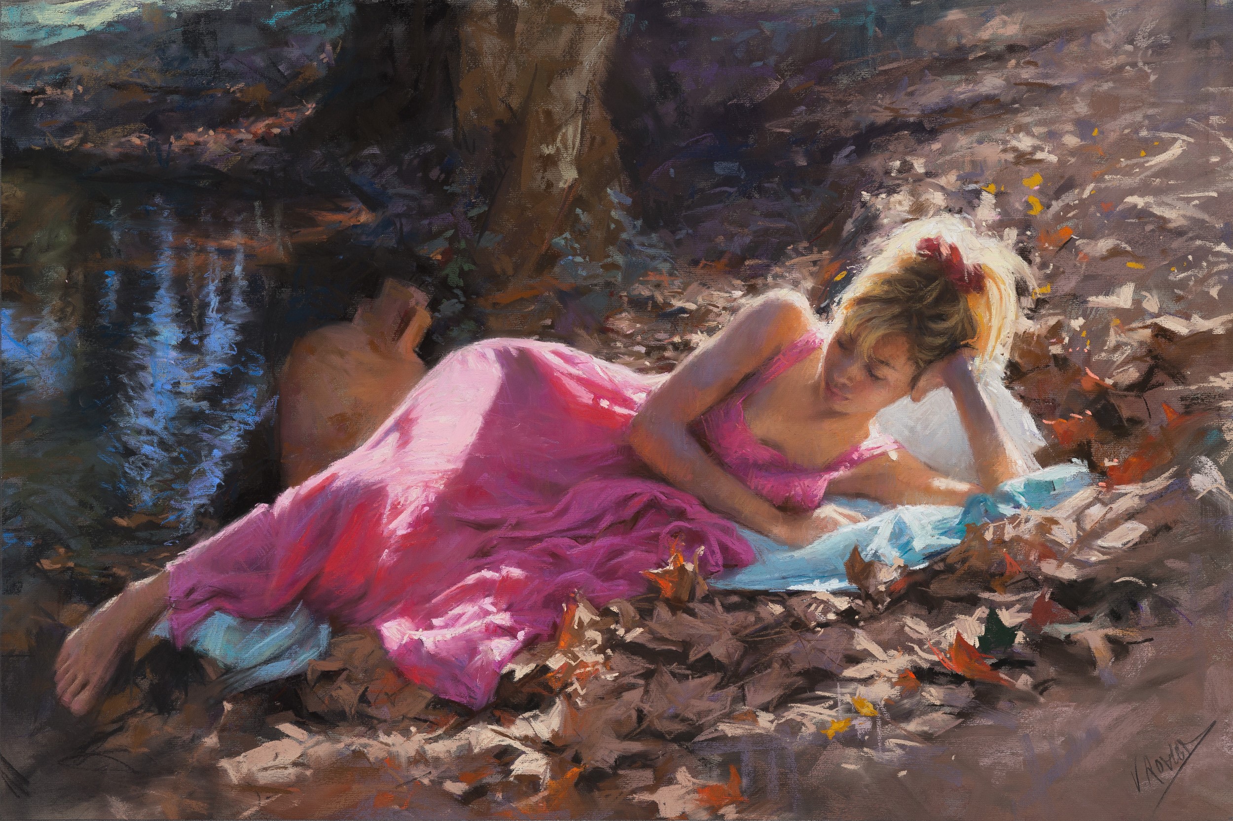 Woman in pink dress by water, painting by Vicente Romero Redondo HD Wallpaper