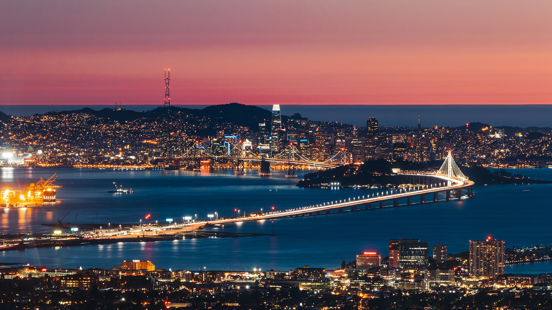 San Francisco skyline and bridges at sunset HD Wallpaper