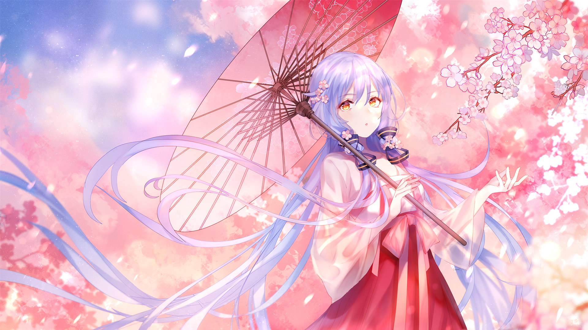 Stardust (Vocaloid) with umbrella among cherry blossoms HD Wallpaper