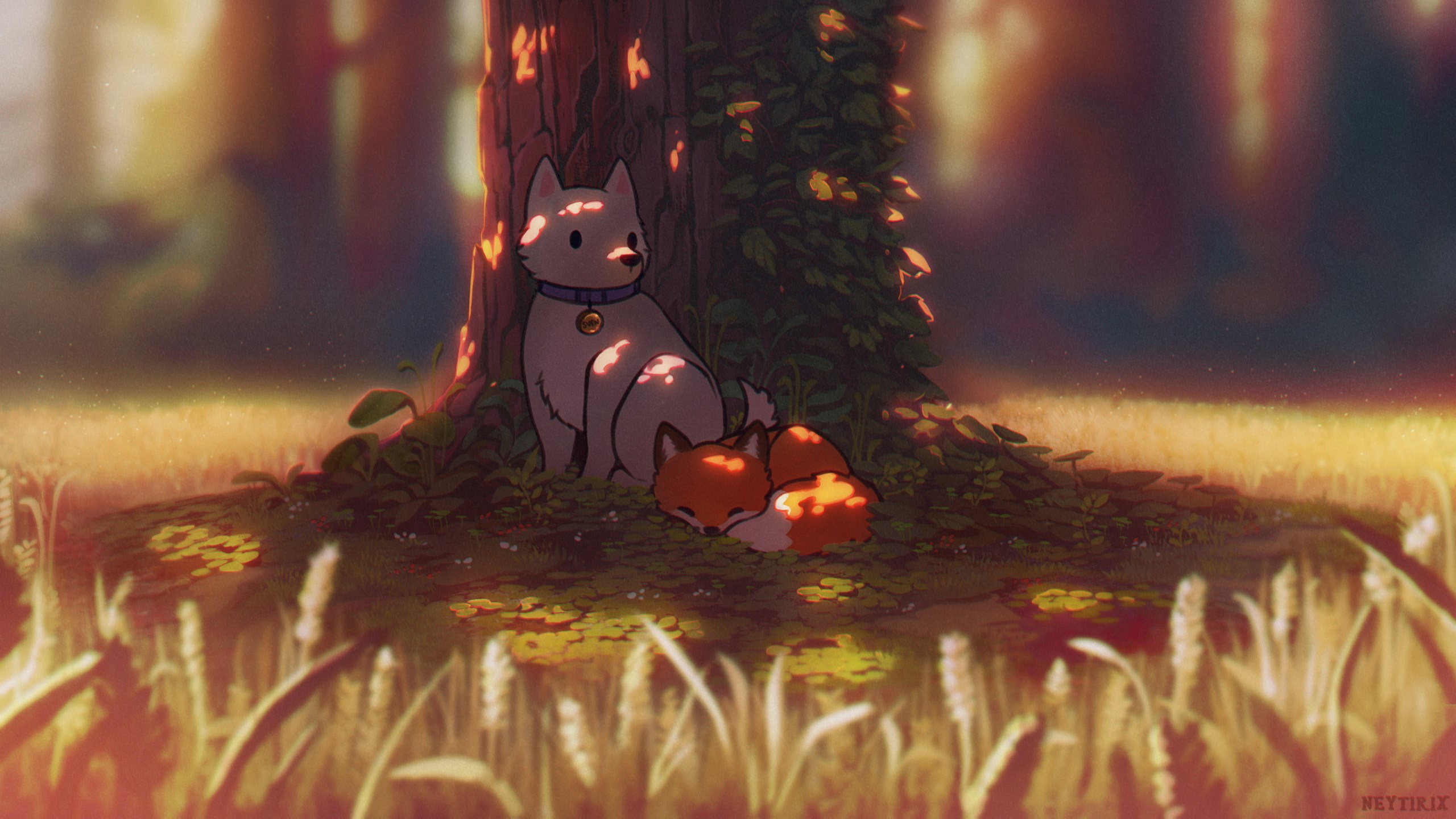 Dog and Fox sleeping under a tree in a forest HD Wallpaper