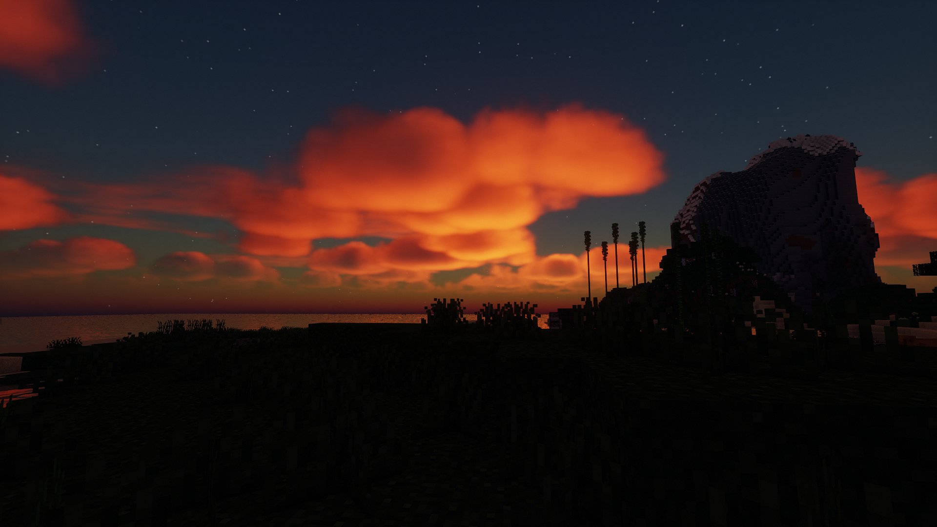 Minecraft sunset over ocean with clouds and island HD Wallpaper