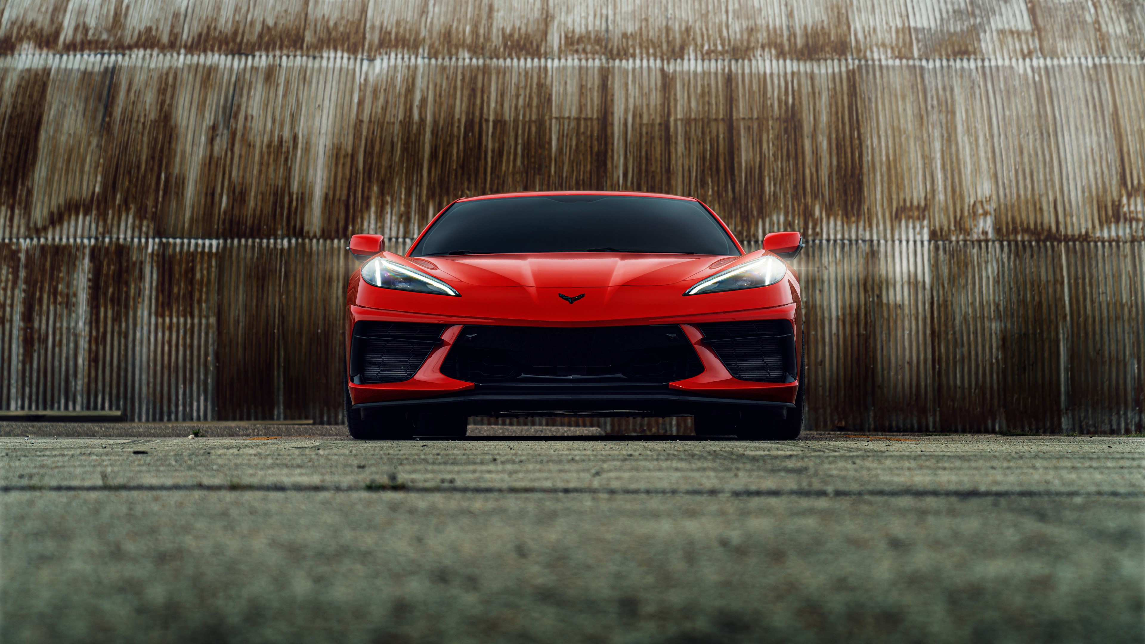 4K Red Chevrolet Corvette C8 Sports Car Frontal View HD Wallpaper