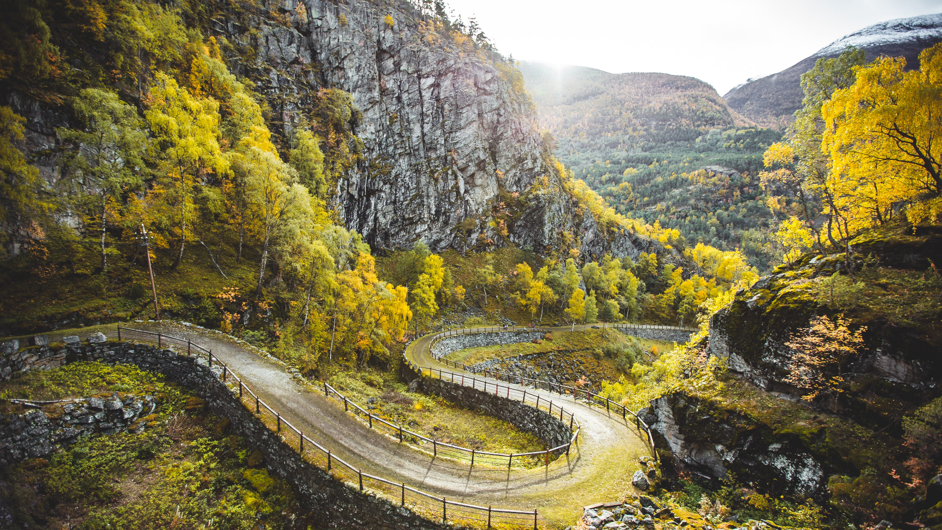 Winding mountain road in Norway during autumn HD Wallpaper
